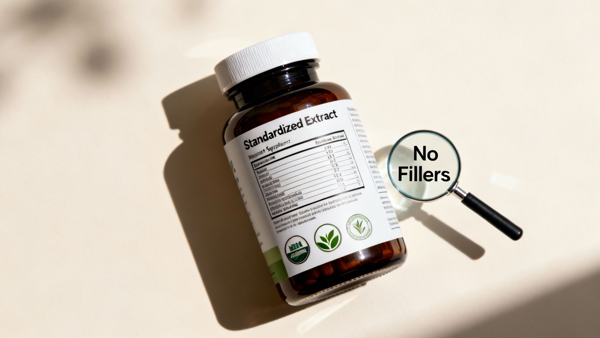 A person carefully reading the label on a supplement bottle