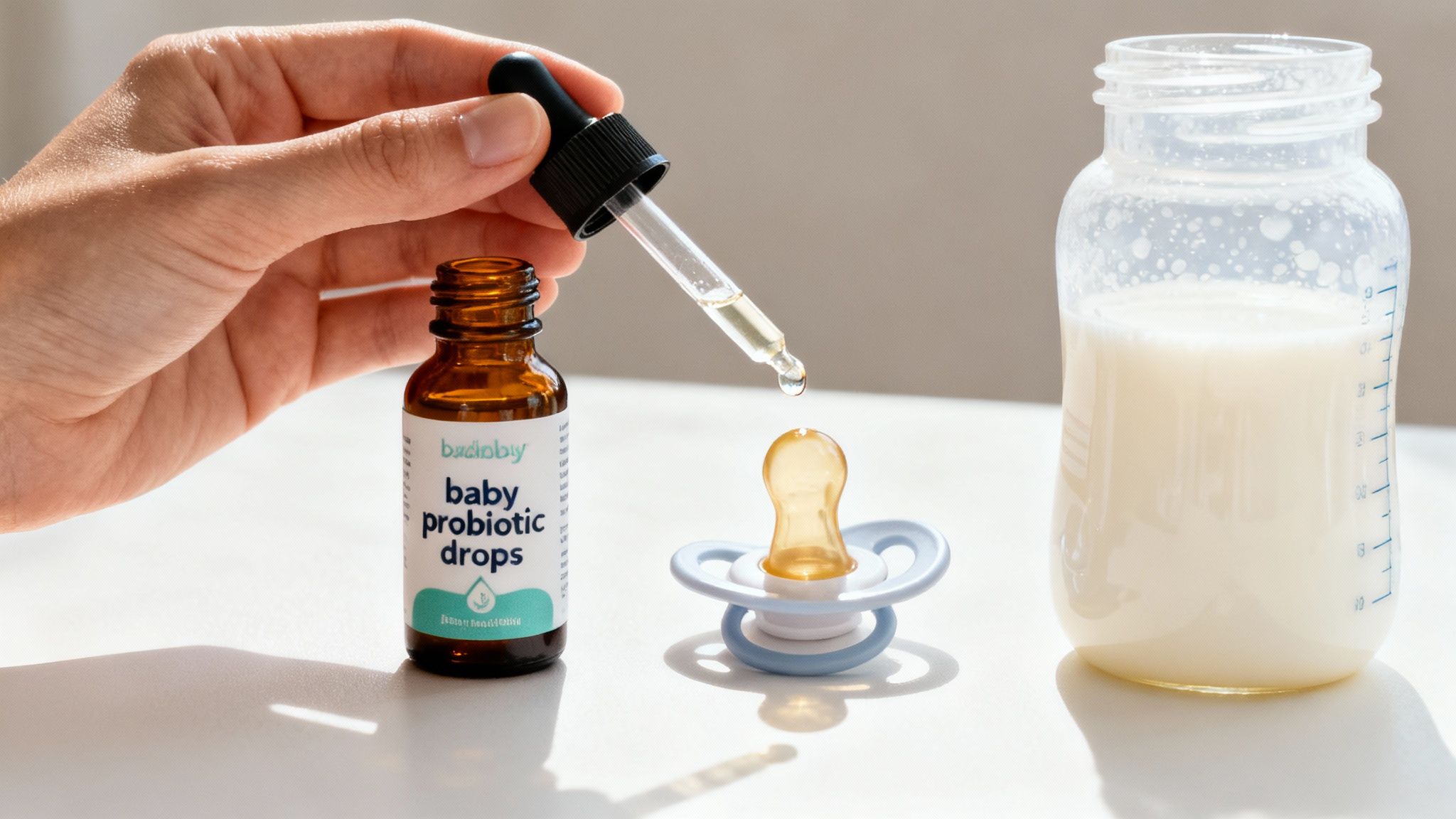 A parent gently giving probiotic drops to a happy baby with a dropper.