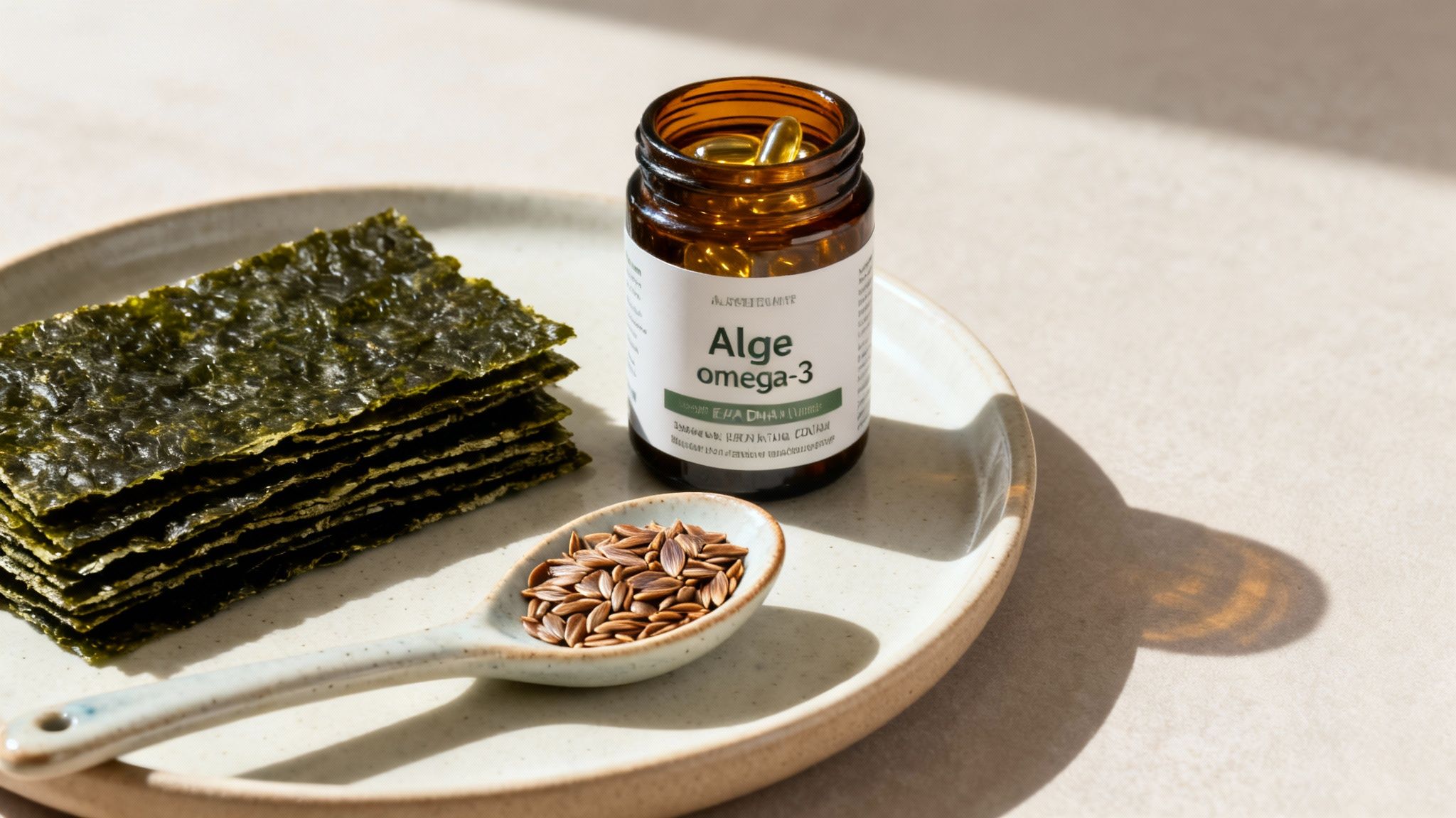 A plate with a stack of dried seaweed, an Alge omega-3 supplement bottle, and flax seeds on a spoon.