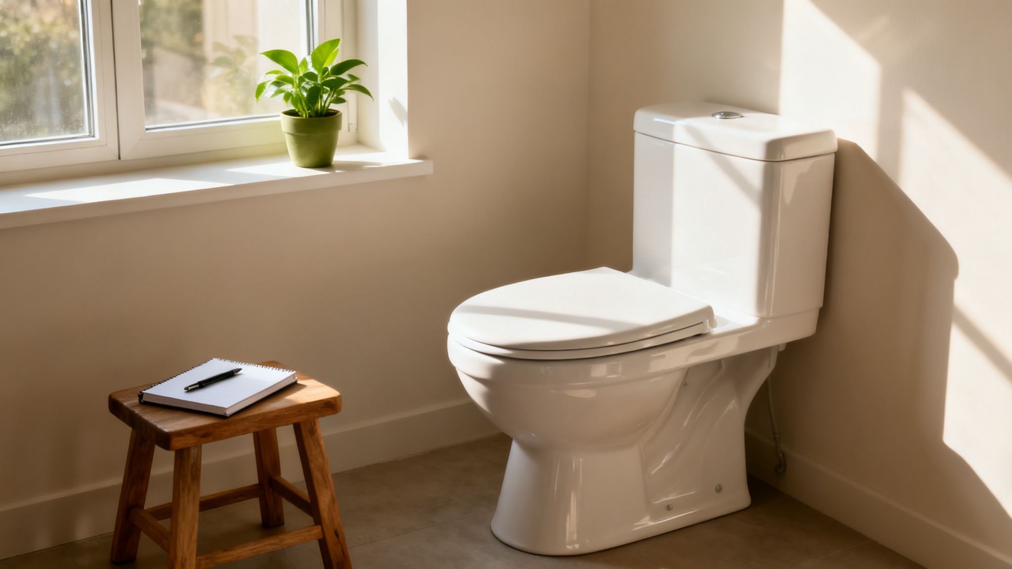 A bright bathroom features a white toilet, a window with a green plant, and a wooden stool with a notebook and pen.