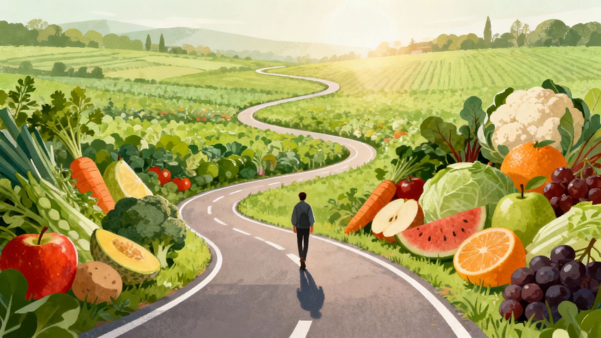 A woman smiling while holding a fresh green smoothie in her kitchen, with fruits and vegetables on the counter.