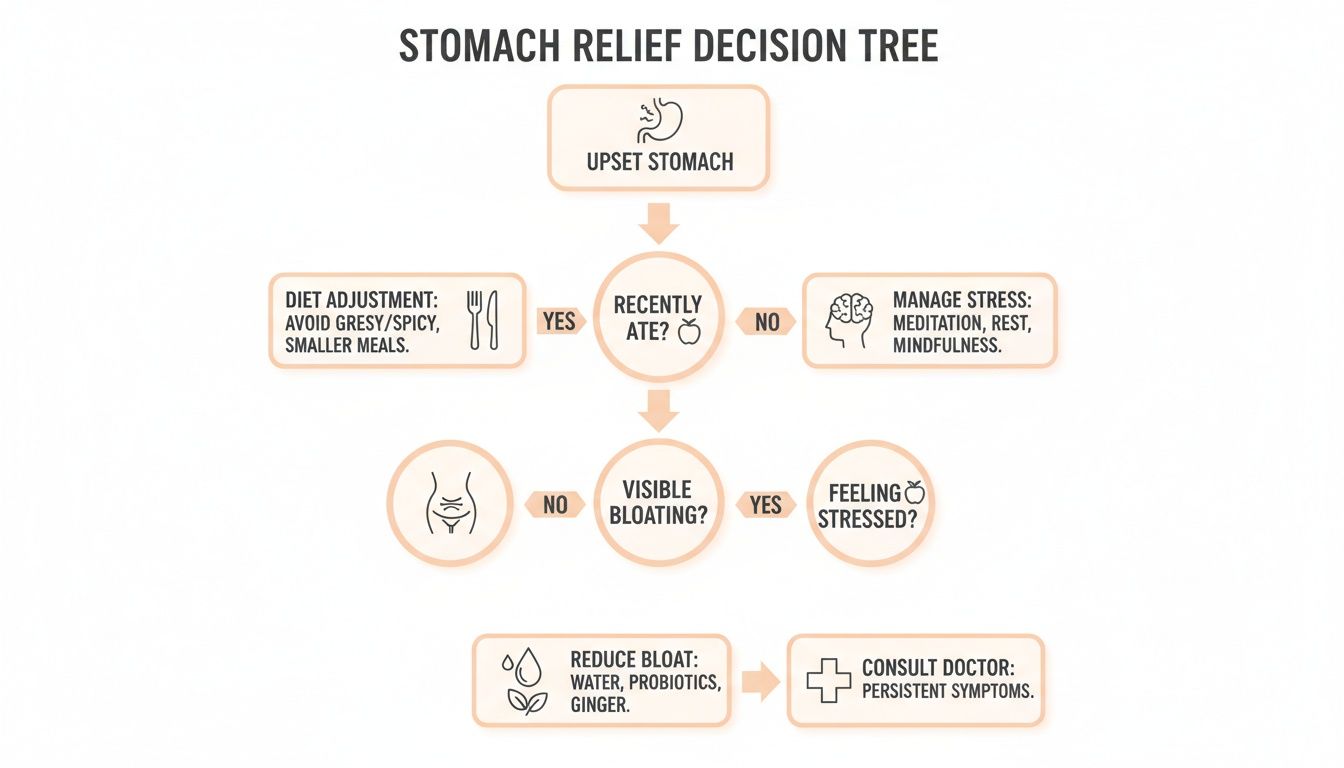 A decision tree diagram outlining steps for stomach relief, addressing symptoms like recent eating, visible bloating, and stress.