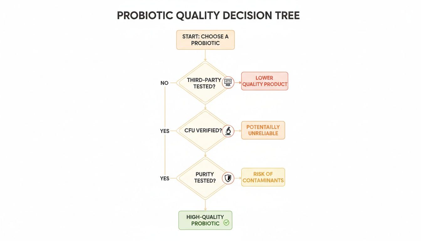 Decision tree for probiotic quality, checking third-party testing, CFU verification, and purity for high-quality products.