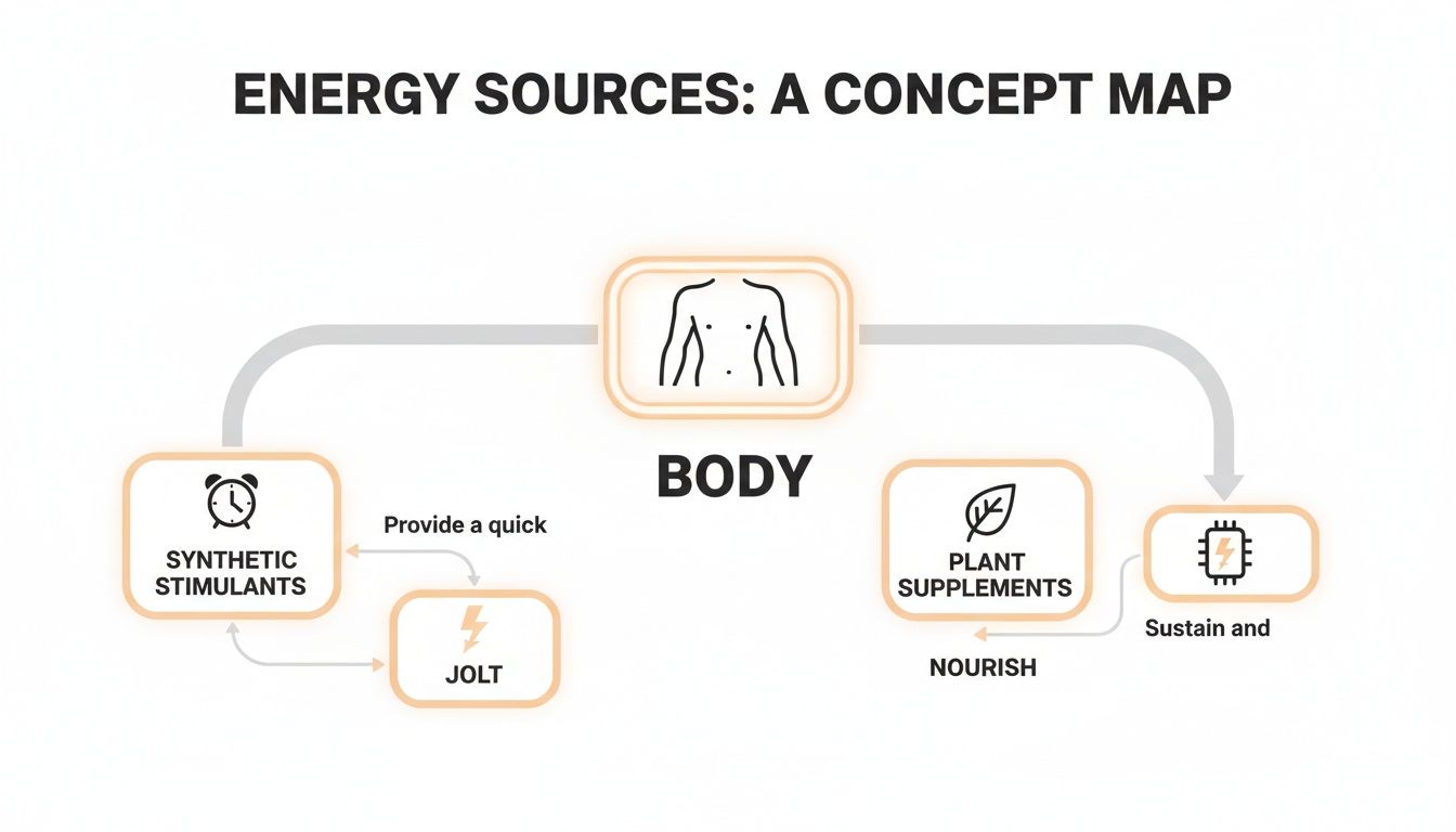 A concept map showing how synthetic stimulants provide a quick jolt, while plant supplements nourish and sustain the body.