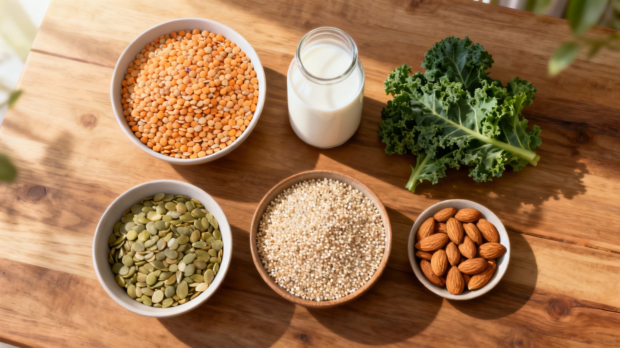 A vibrant flat lay of plant-based foods including lentils, quinoa, leafy greens, nuts, and colorful vegetables, arranged beautifully on a wooden table.
