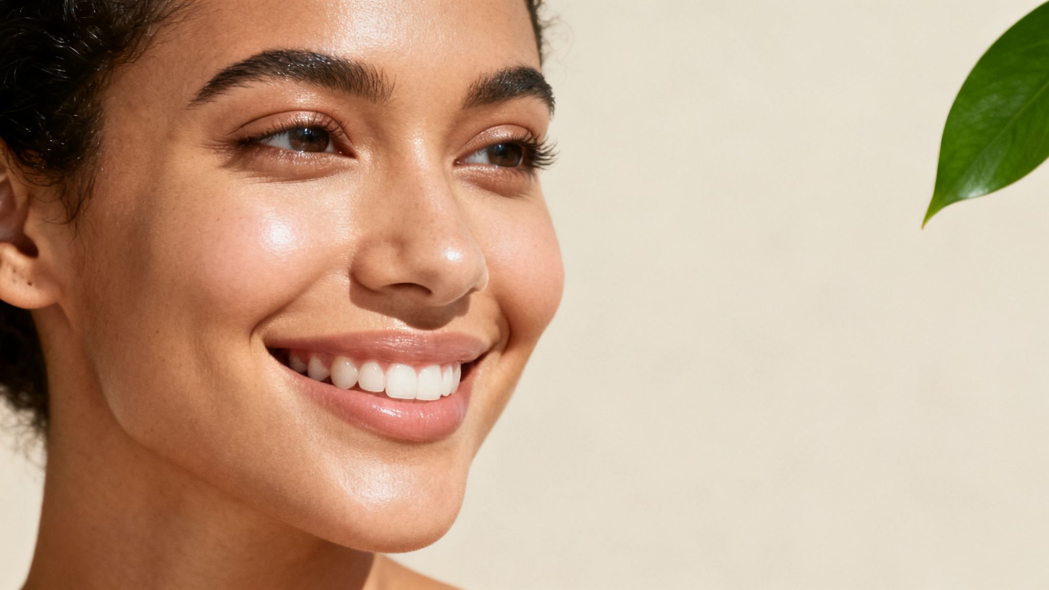 Close-up of a smiling woman, showcasing radiant, clear skin, bright eyes, and a natural glow.