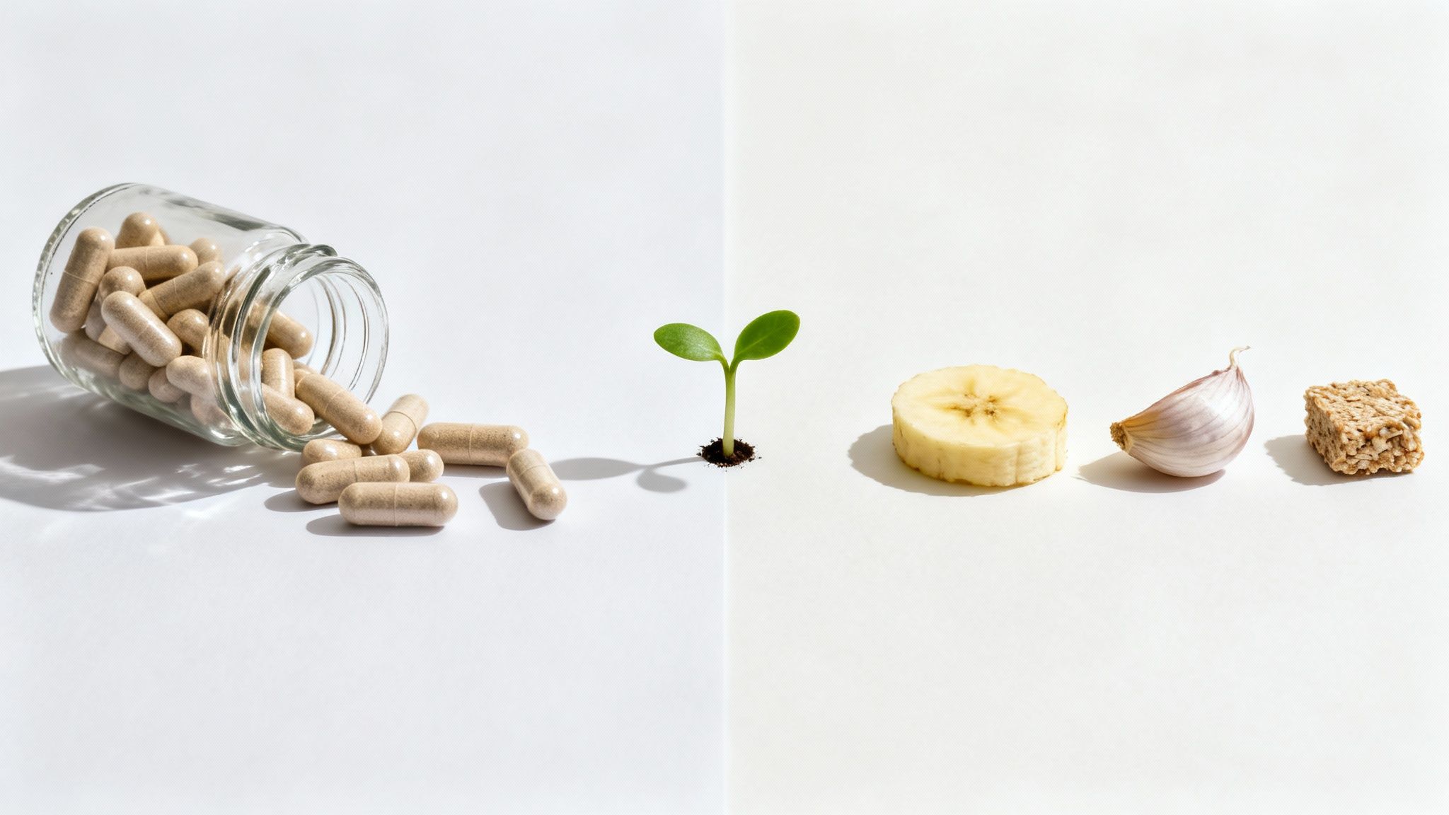Vitamins spilling from a jar next to a green sprout, banana, garlic, and whole grain snack.