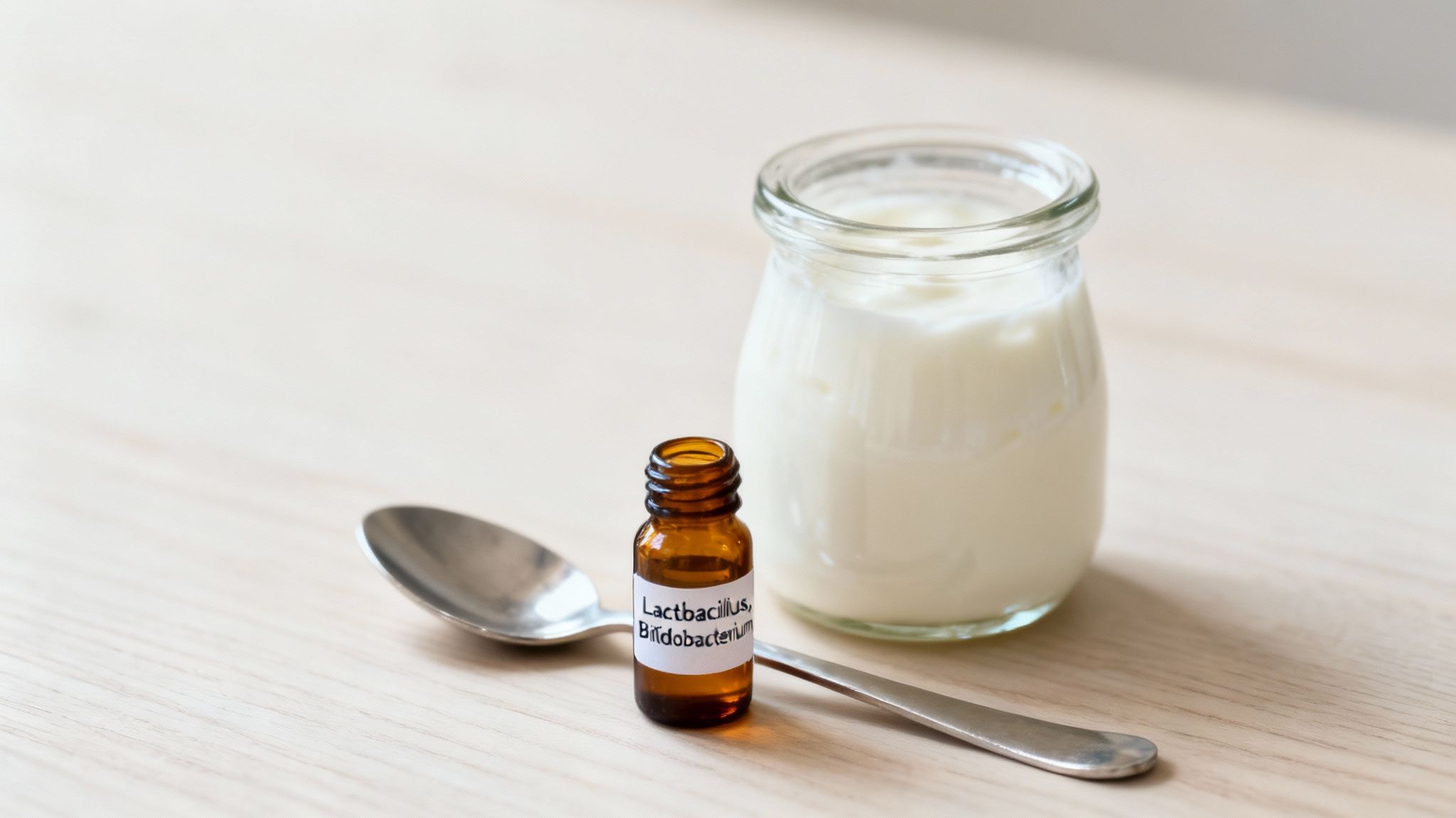 Yogurt, kimchi, and other probiotic-rich foods arranged on a wooden table.