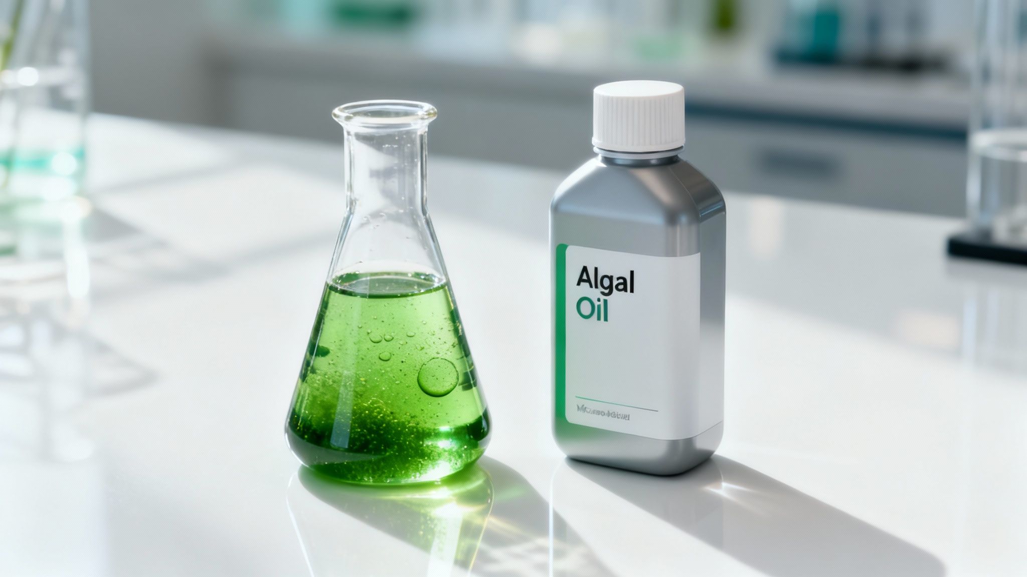 Glass flask with green algae culture beside bottle of algal oil in laboratory setting