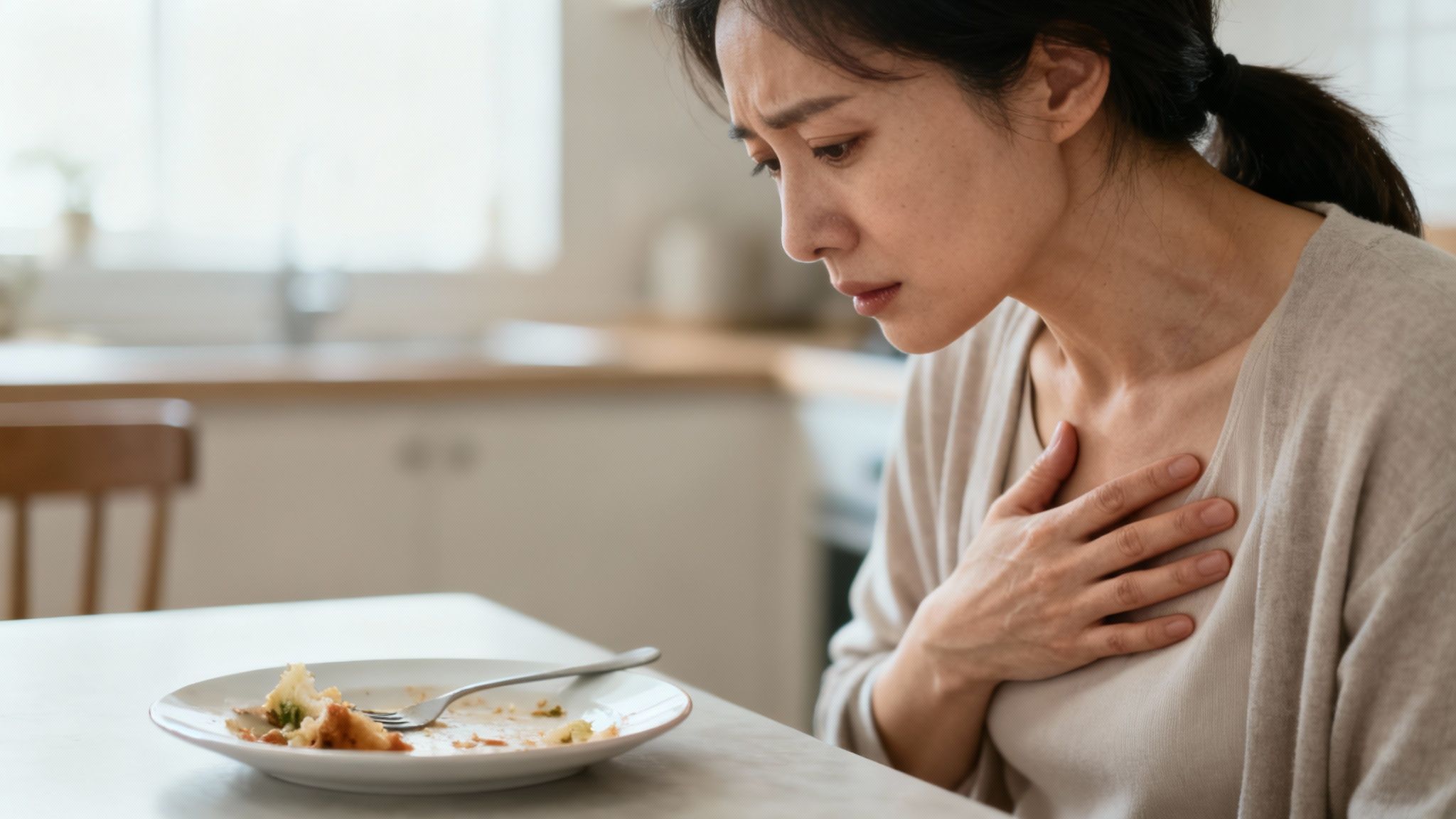 Asian woman clutches her chest with a pained expression after eating, suggesting heartburn or discomfort.
