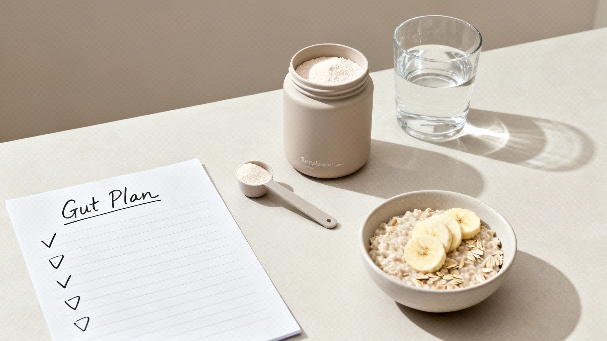 A person adding a scoop of white powder to a smoothie, with fruits and vegetables in the background.