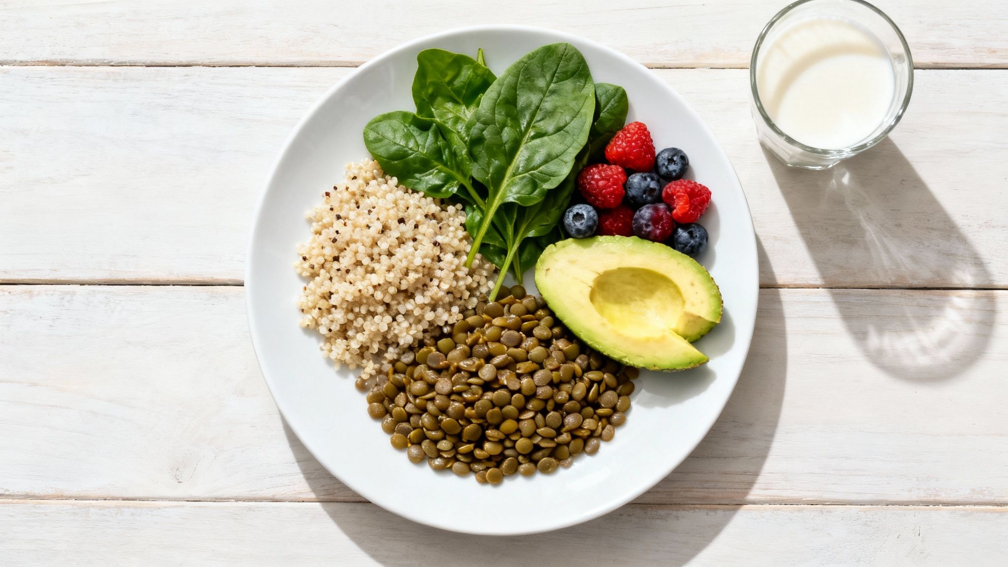 Overhead shot of a balanced vegan meal with quinoa, spinach, berries, lentils, and avocado, next to a glass of milk.