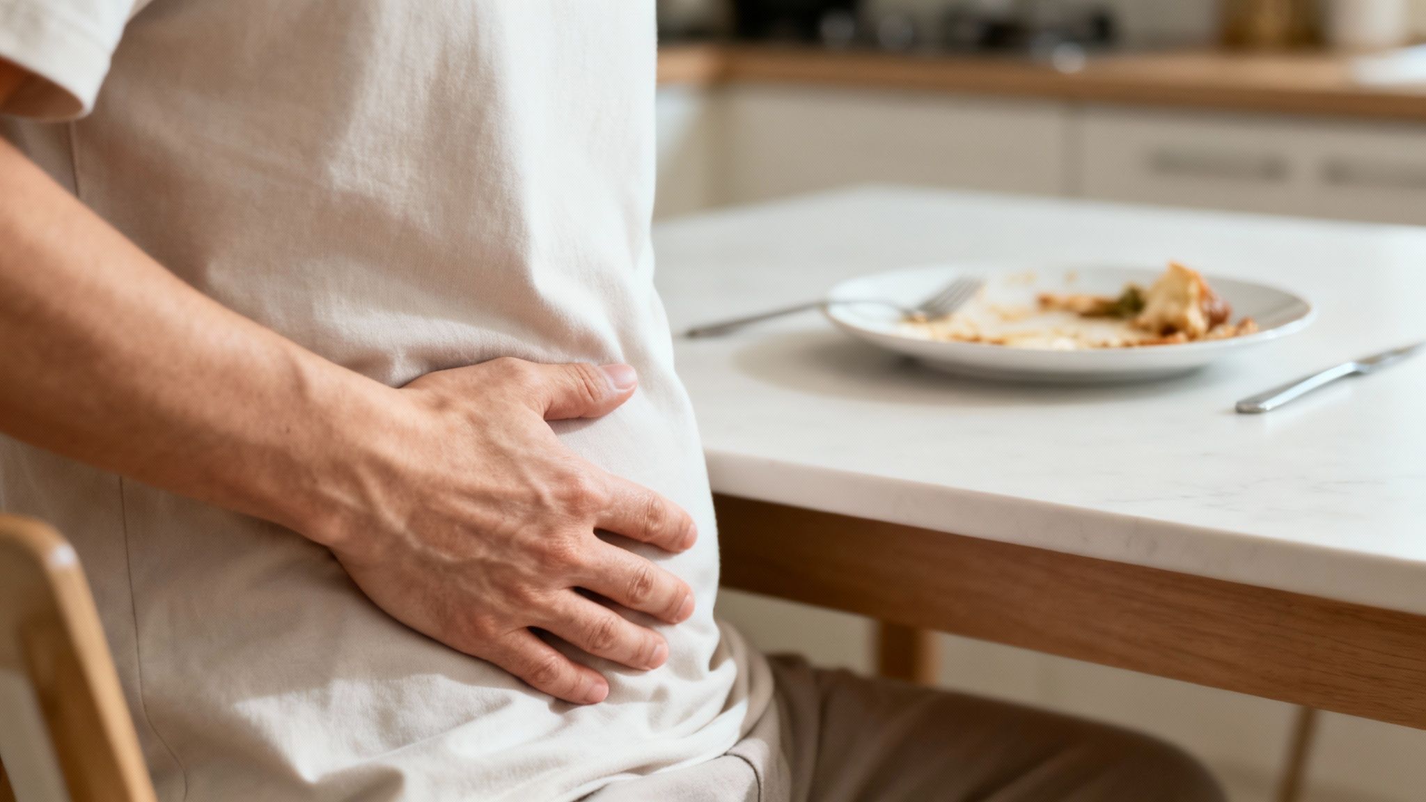 A person holding their stomach after eating, showing signs of indigestion or a full stomach.