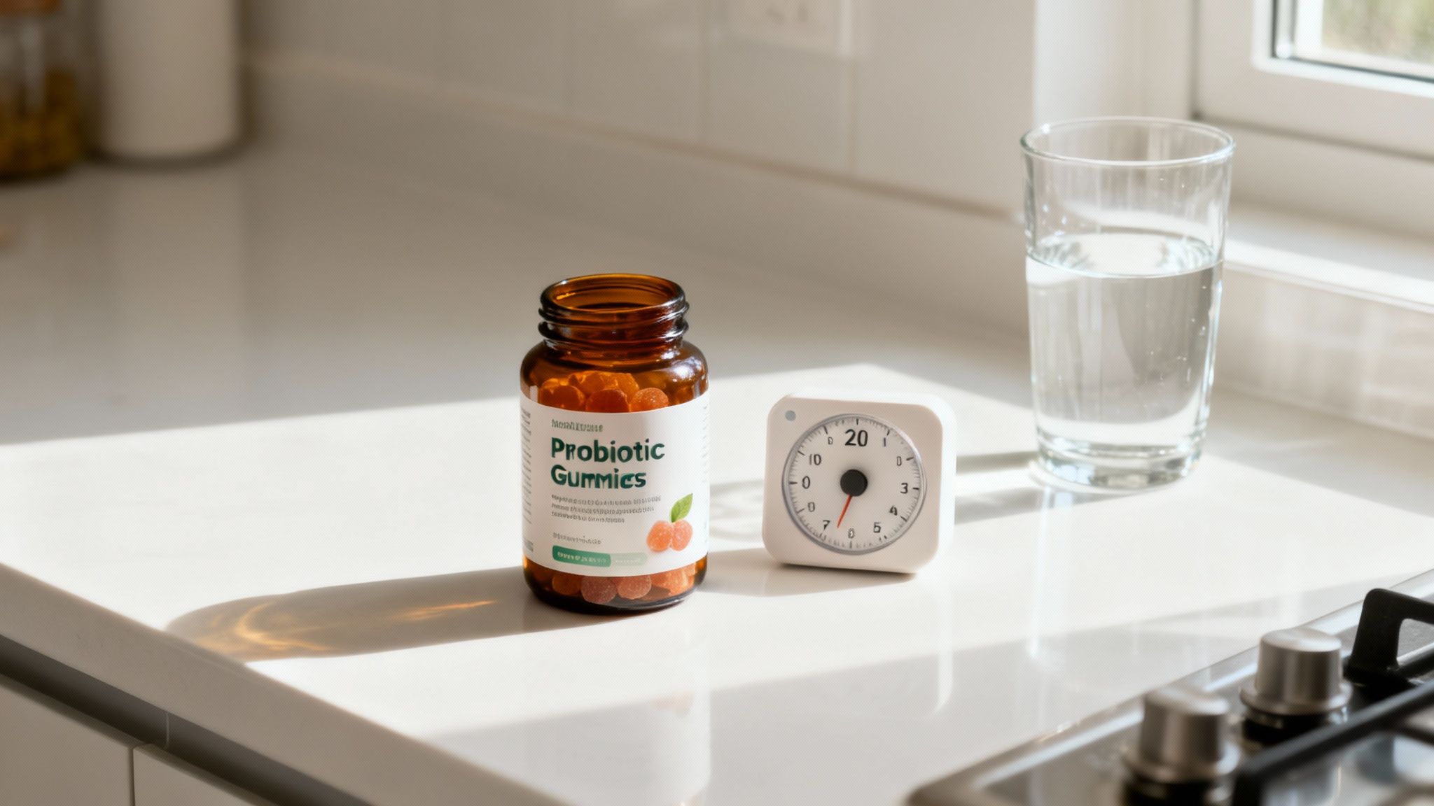 A person holding a probiotic capsule next to a glass of water and a healthy breakfast bowl.