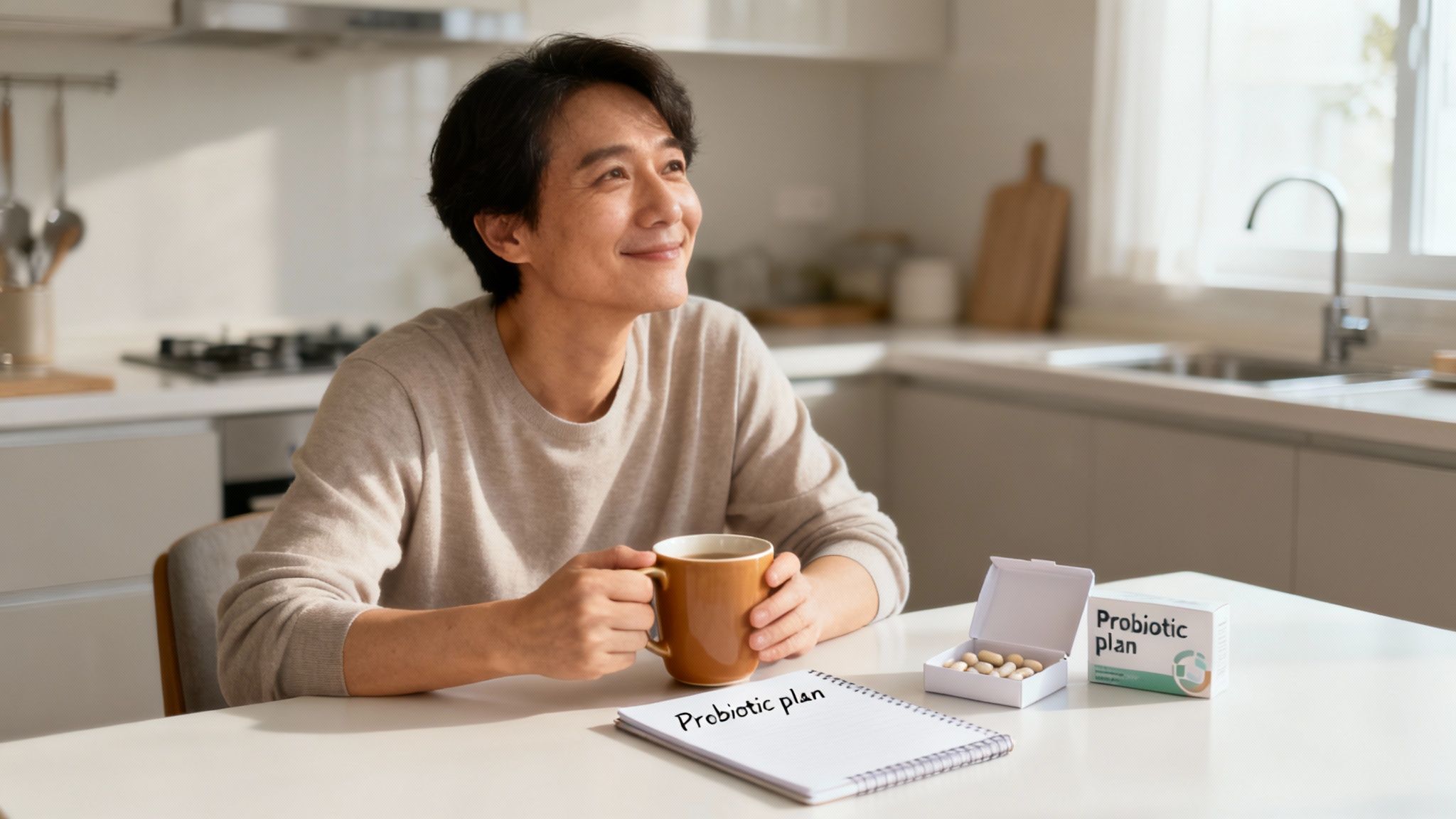 Woman holding a glass of water and smiling, representing digestive wellness.