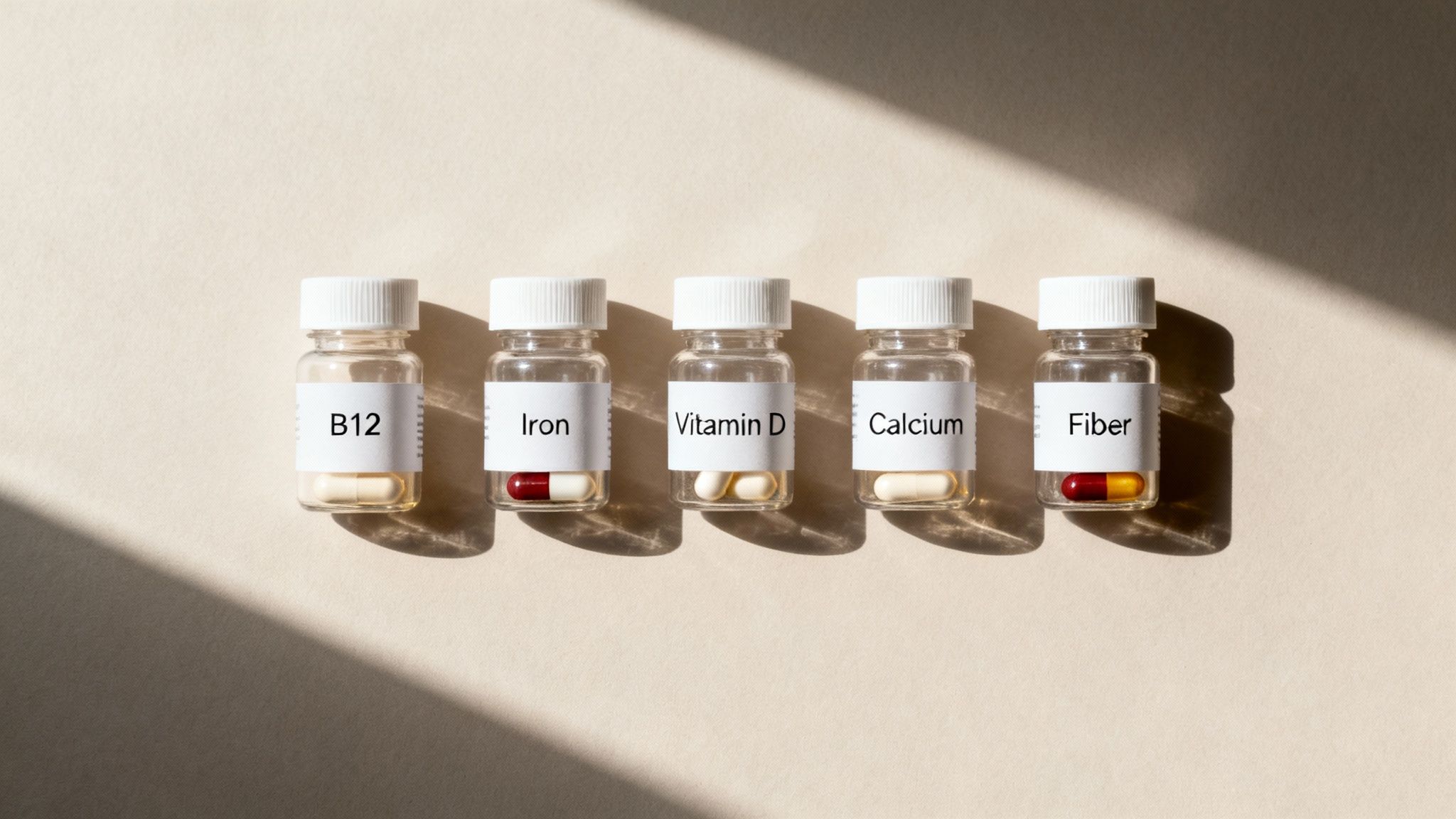 A woman happily holding a container of colorful gluten-free vitamin gummies, with fresh fruits and vegetables in the background.