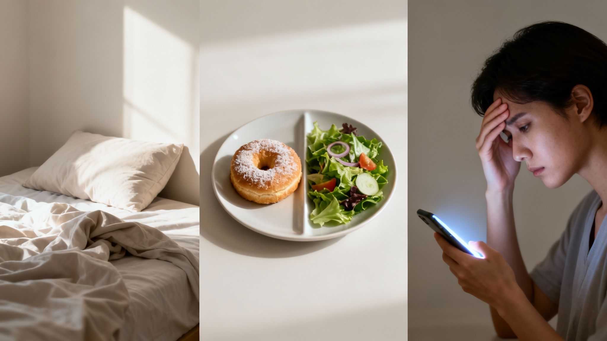 A triptych showing an unmade bed, a plate with a donut and salad, and a stressed person using a smartphone.