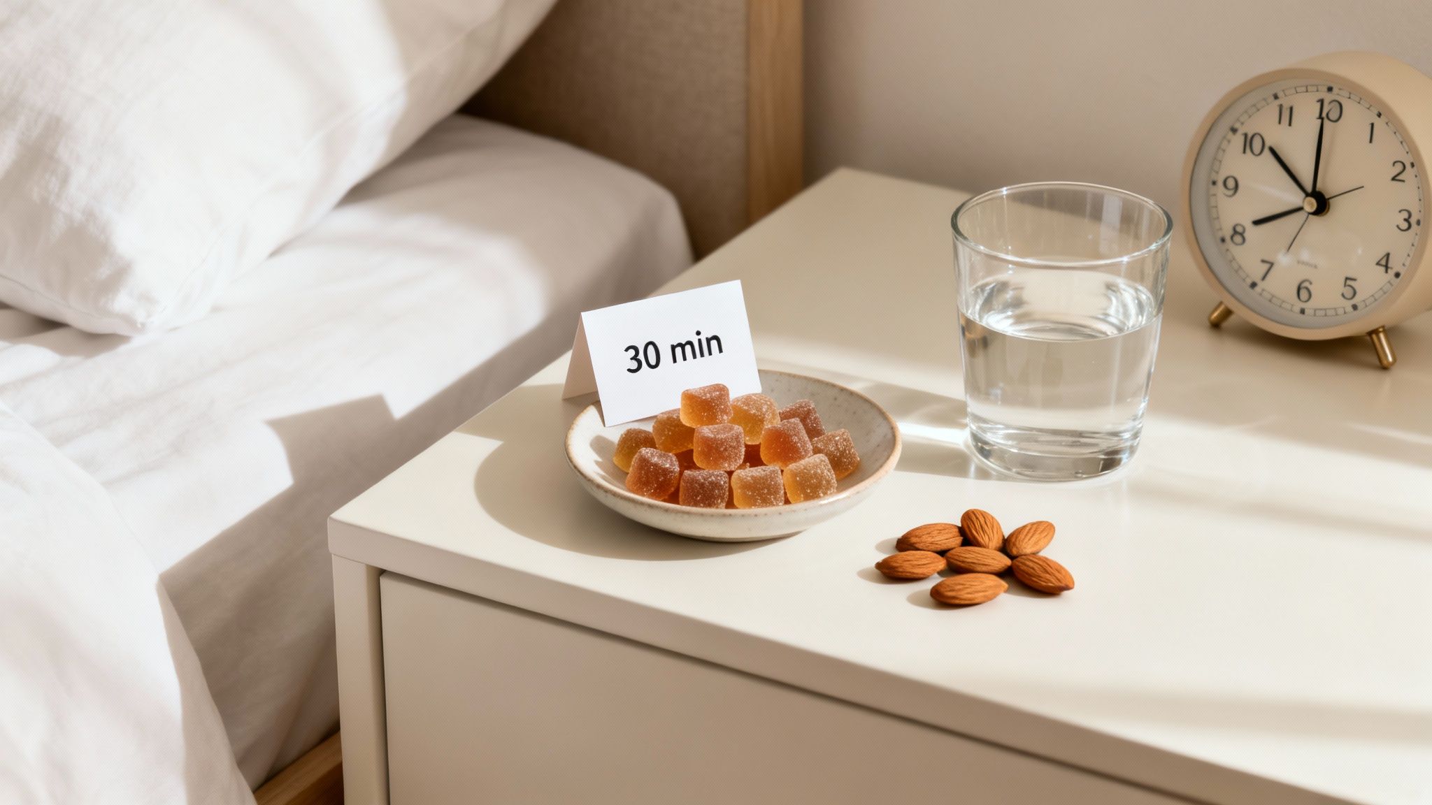 A nighttime routine setup with gummies, water, and almonds on a bedside table, next to an alarm clock.