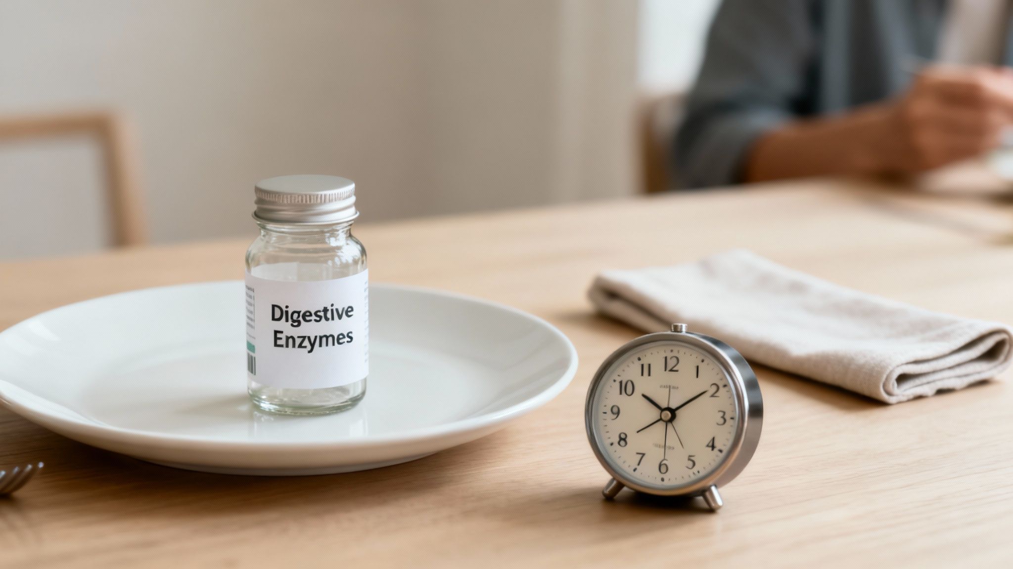 A bottle of digestive enzymes on a white plate next to an alarm clock, highlighting the importance of timing.