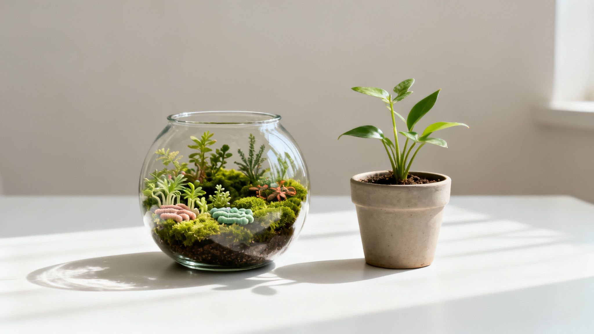 A glass terrarium with succulents and a small potted plant sit on a white table in sunlight.