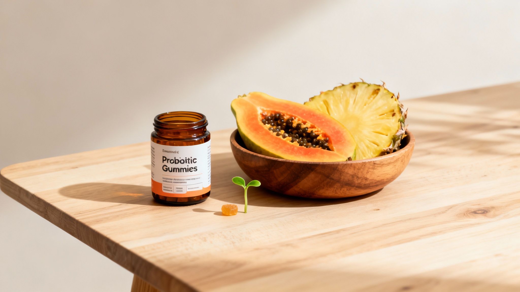 Probiotic gummies bottle, cut papaya and pineapple in a wooden bowl on a natural wood table.