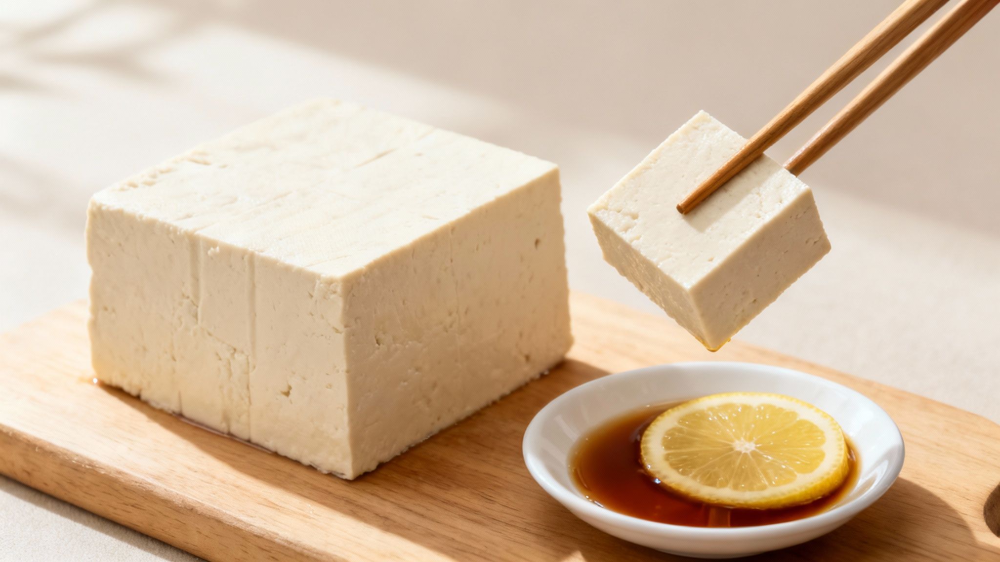 A large block of firm tofu and a piece held by chopsticks dipping into soy sauce with lemon.