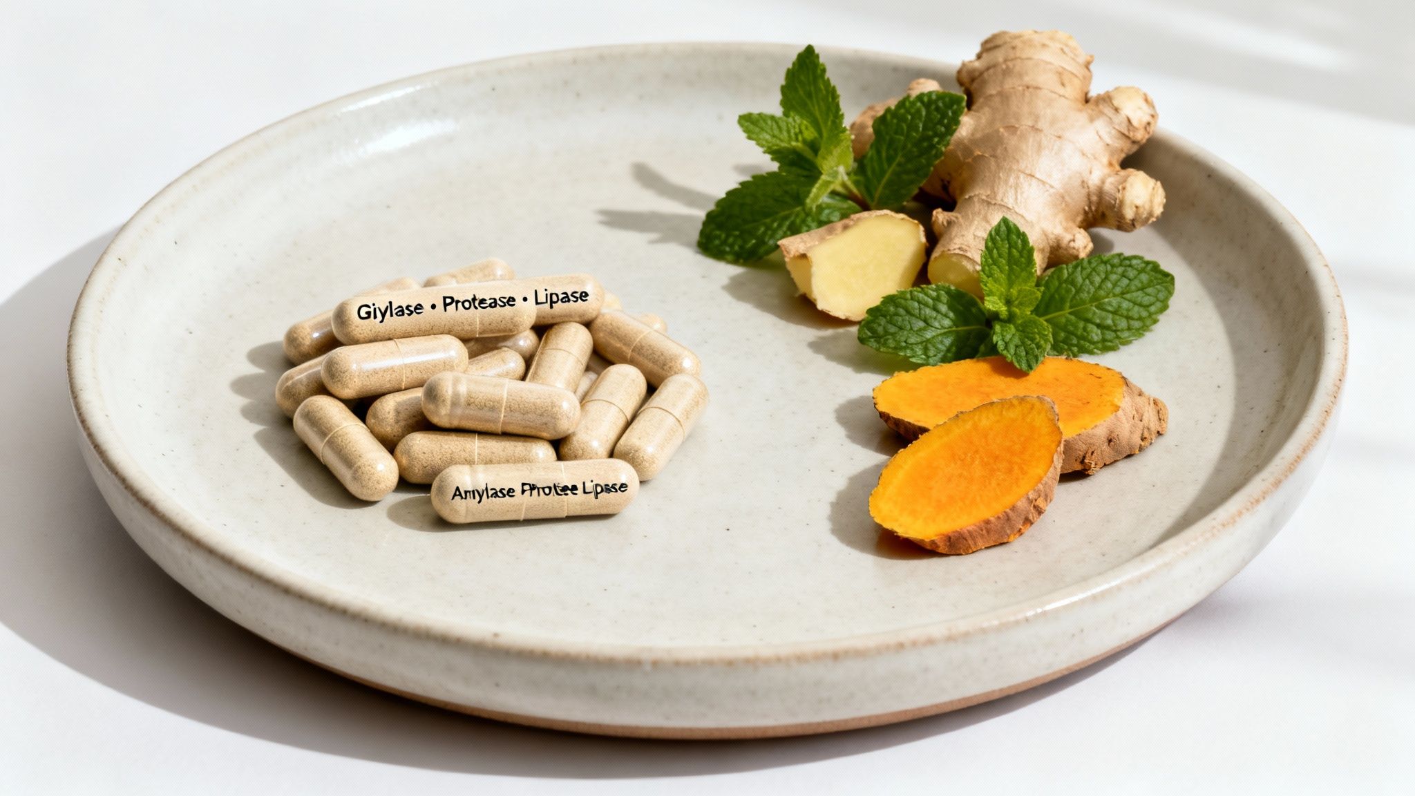 Enzyme supplements with ginger, mint, and turmeric on a plate, promoting gut health.