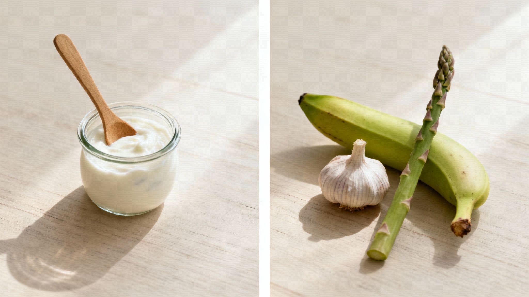 An artistic illustration of prebiotics and probiotics working together in the gut, with colorful fibers and friendly bacteria.