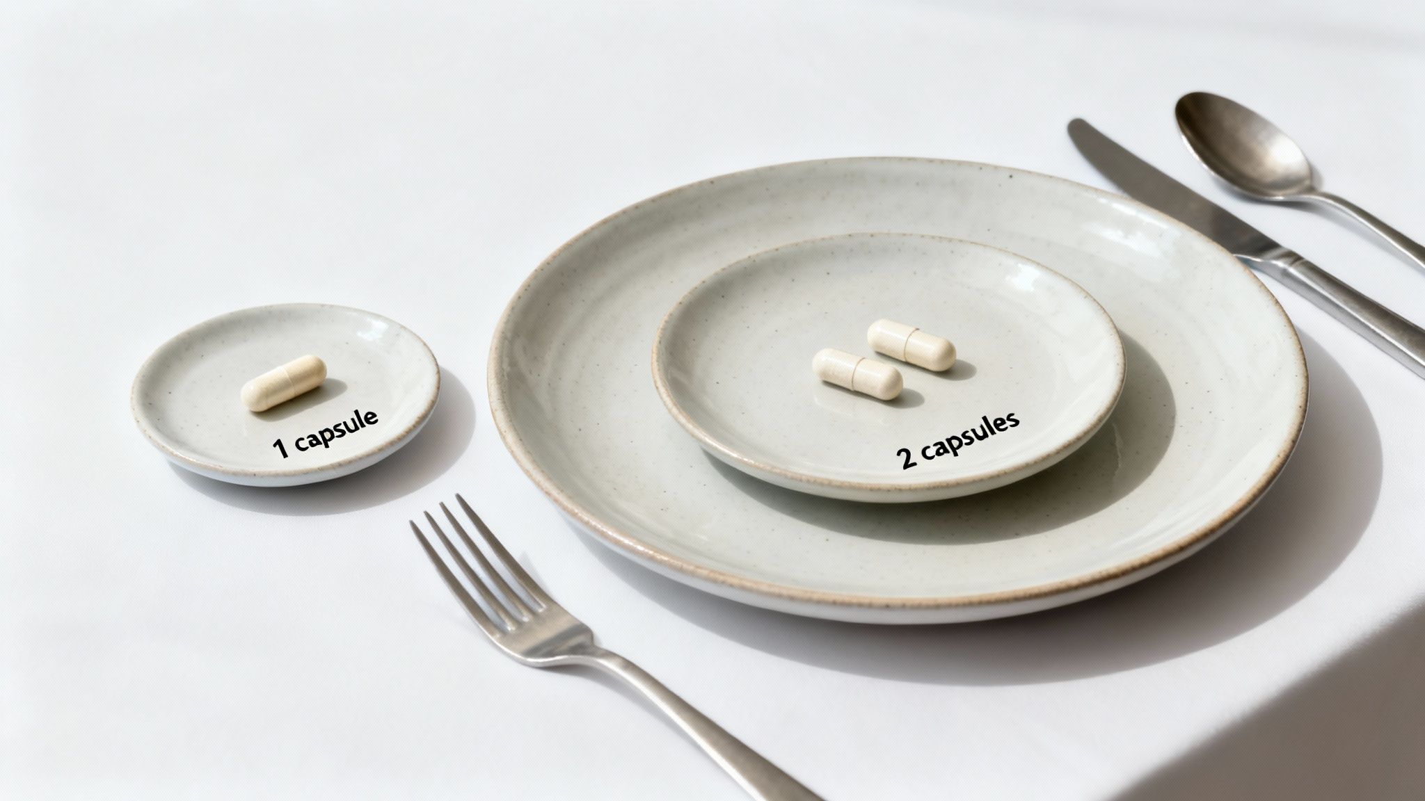 Two plates with capsules, one showing '1 capsule' and another with '2 capsules', beside cutlery.