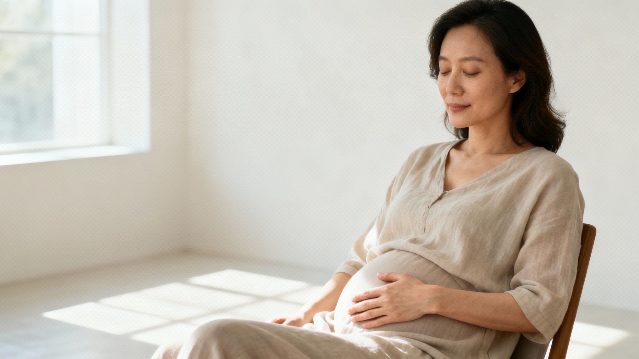 A serene pregnant Asian woman in a light dress gently touches her baby bump, eyes closed.