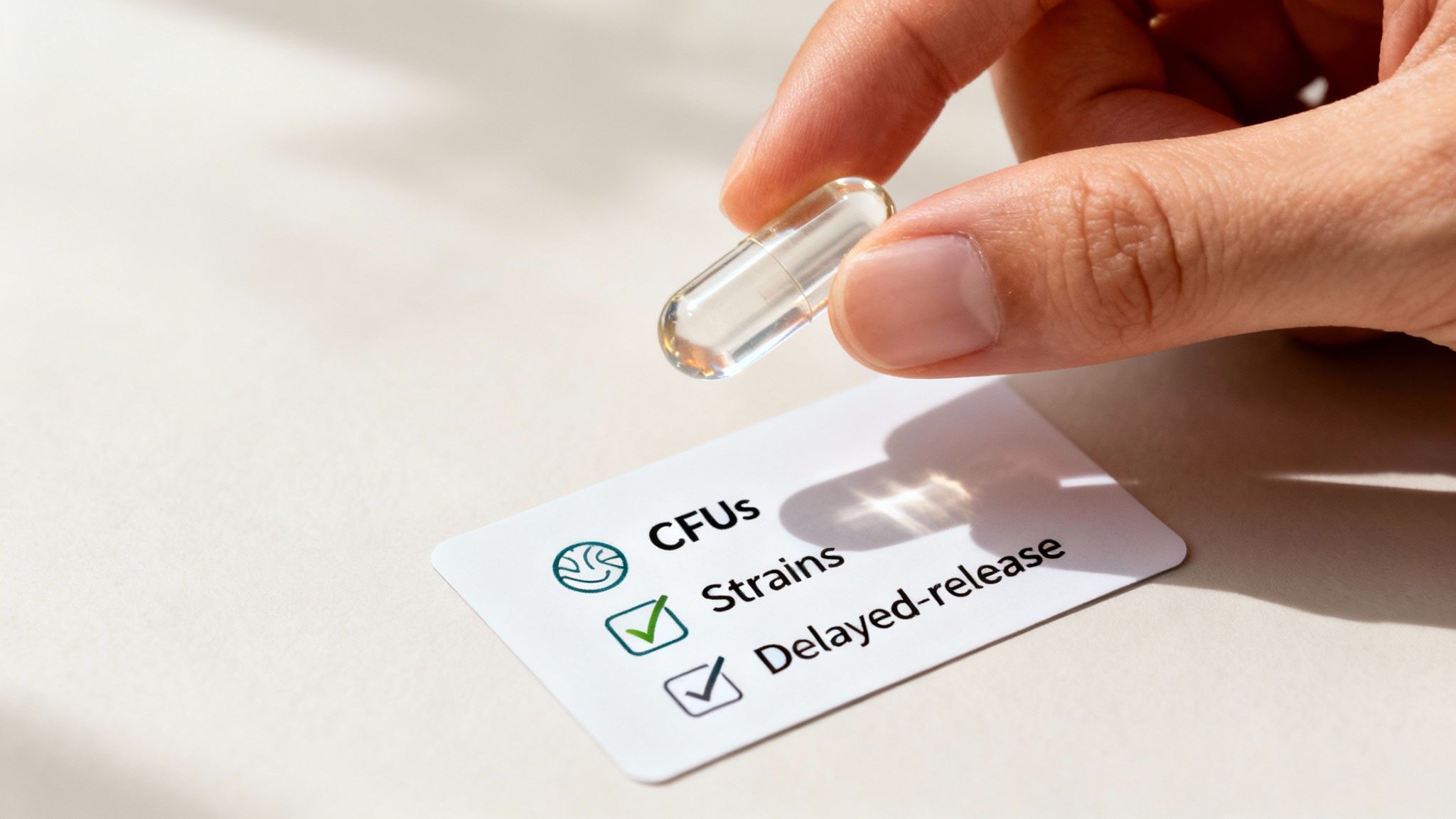 A hand holds a clear probiotic capsule over a checklist for CFUs, Strains, and Delayed-release.