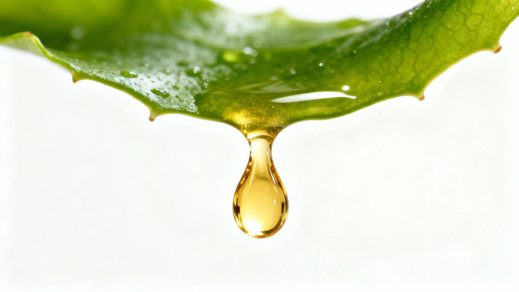 A single drop of golden algae oil falling from a pipette into a clear liquid.