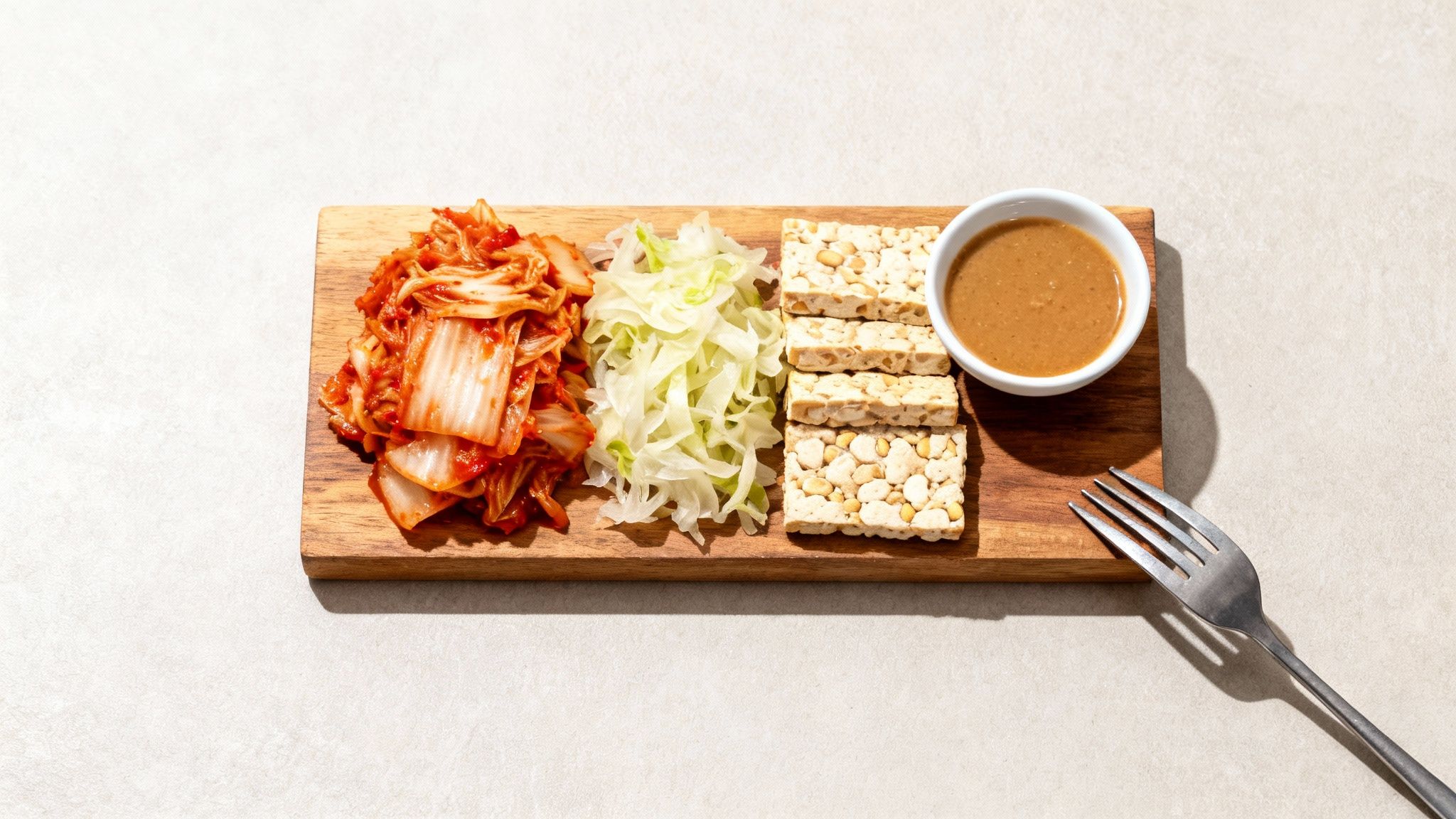 A wooden board featuring spicy kimchi, shredded cabbage, nut brittle bars, and a peanut sauce bowl, with a fork.
