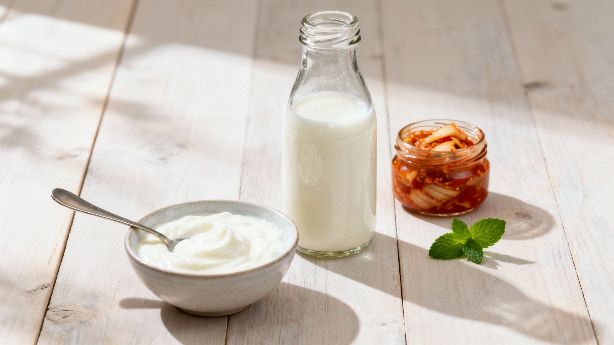 Probiotic foods including a bottle of milk, bowl of yogurt, and jar of kimchi on a wooden table.