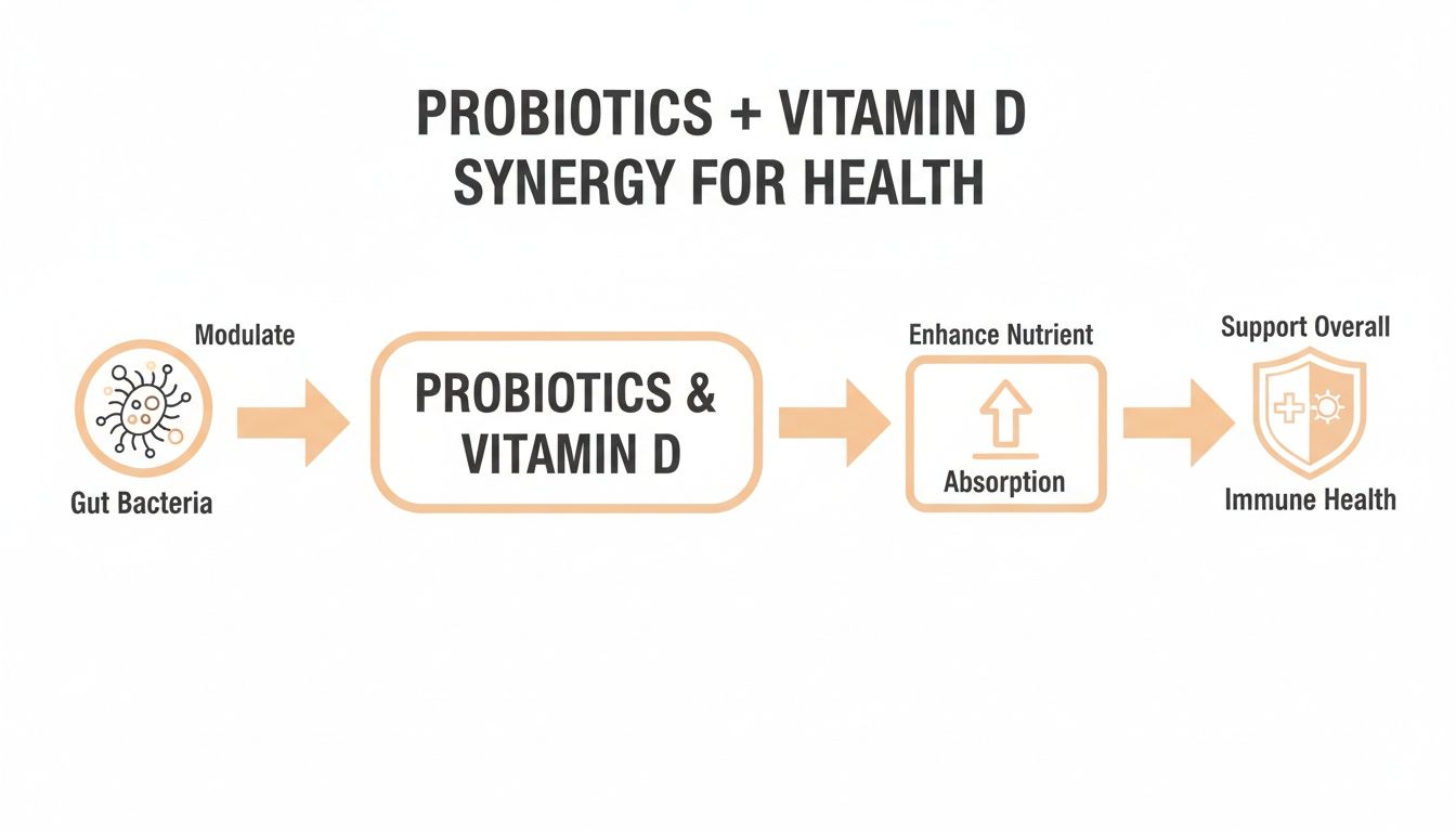 Diagram showing how probiotics and Vitamin D synergize to modulate gut bacteria, enhance nutrient absorption, and support immune health.