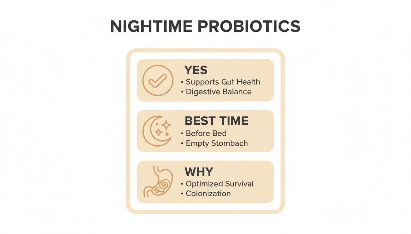 Infographic explaining the benefits, best time, and why to take probiotics at night for gut health and digestive balance.