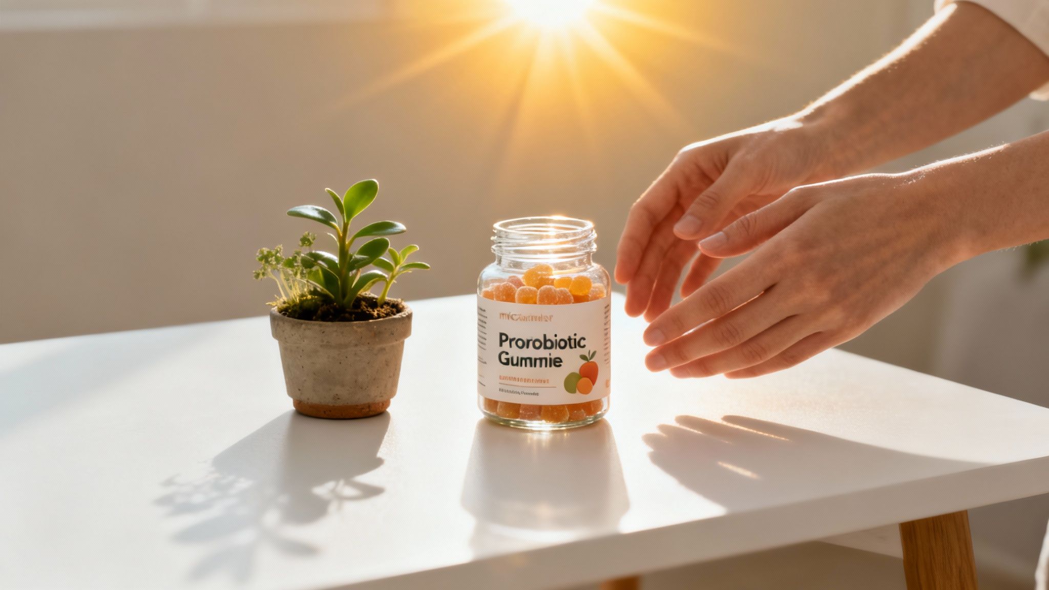 Hands reaching for a jar of Prorobiotic Gummies next to a small plant, bathed in sunlight.