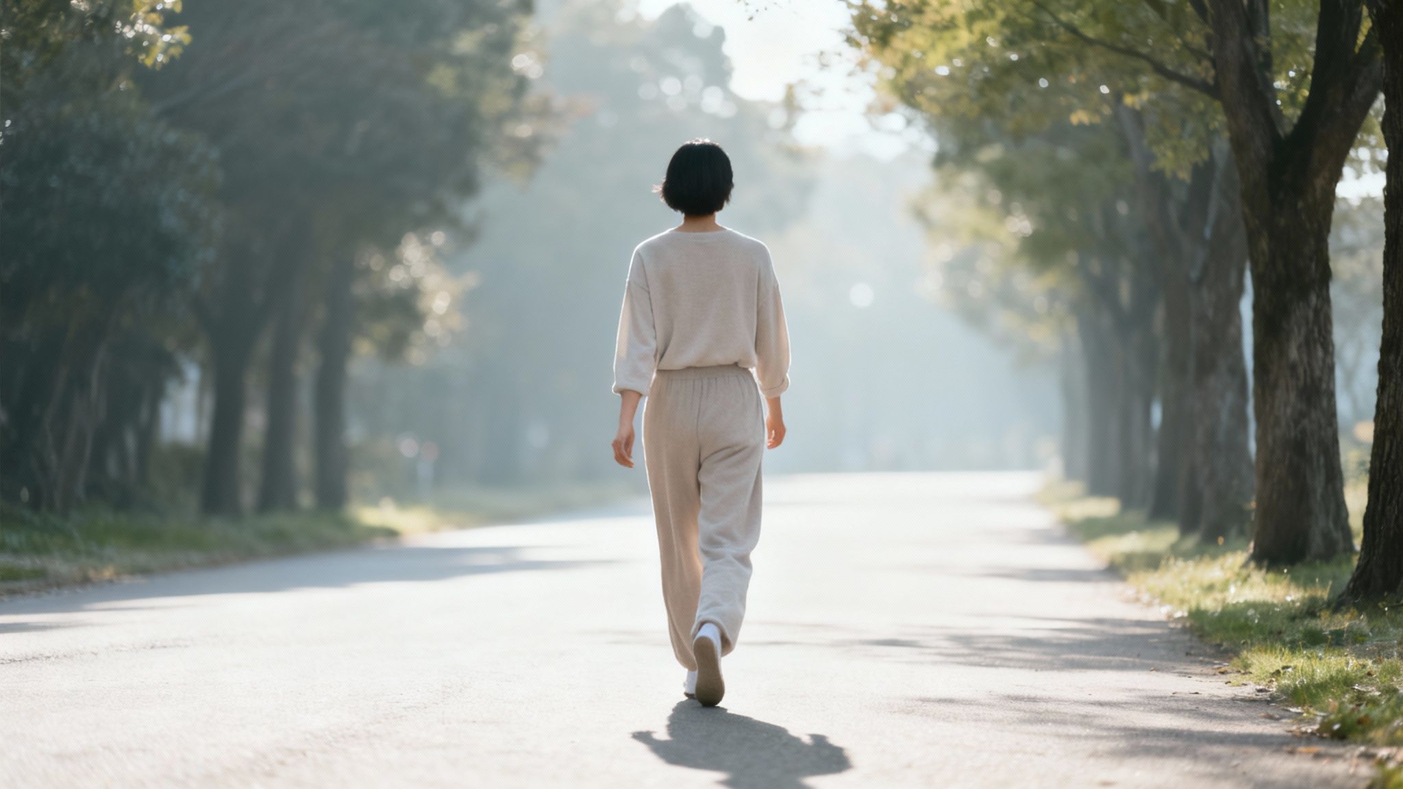 A serene view of a person walking away on a sunlit, tree-lined road.