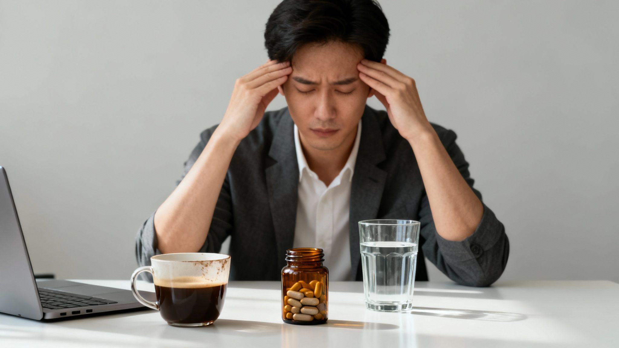Stressed man with a headache, holding his temples, sitting at a desk with coffee, pills, and water.