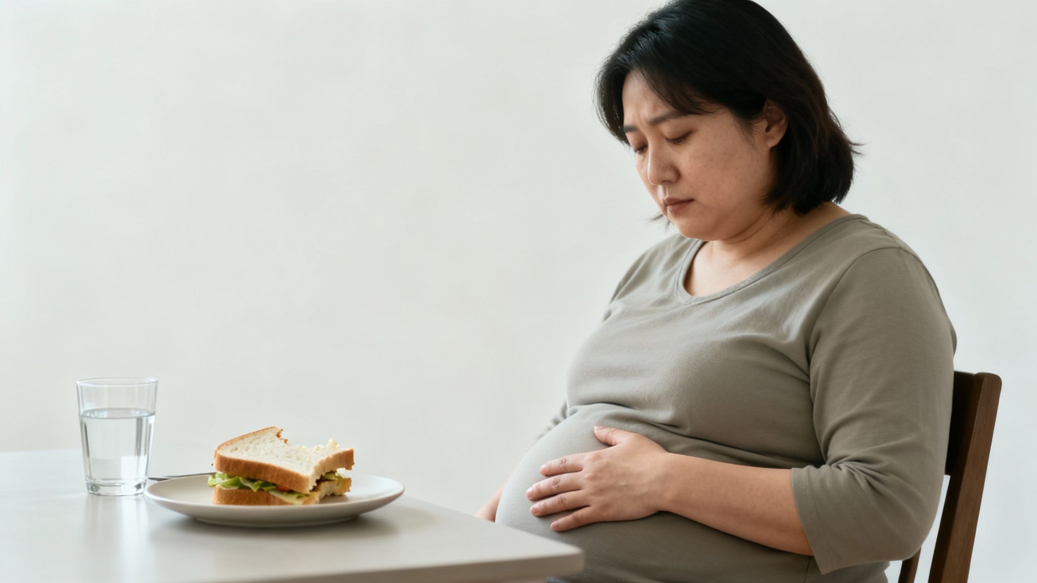 Pregnant woman sitting at table looking concerned about eating sandwich and water