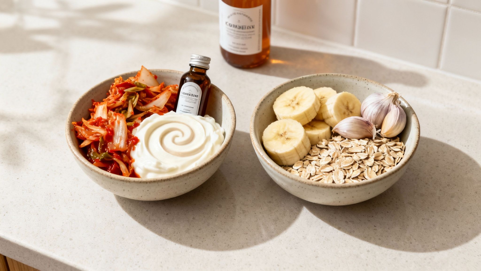 Two bowls containing various prebiotic and probiotic foods like kimchi, yogurt, oats, bananas, and garlic.