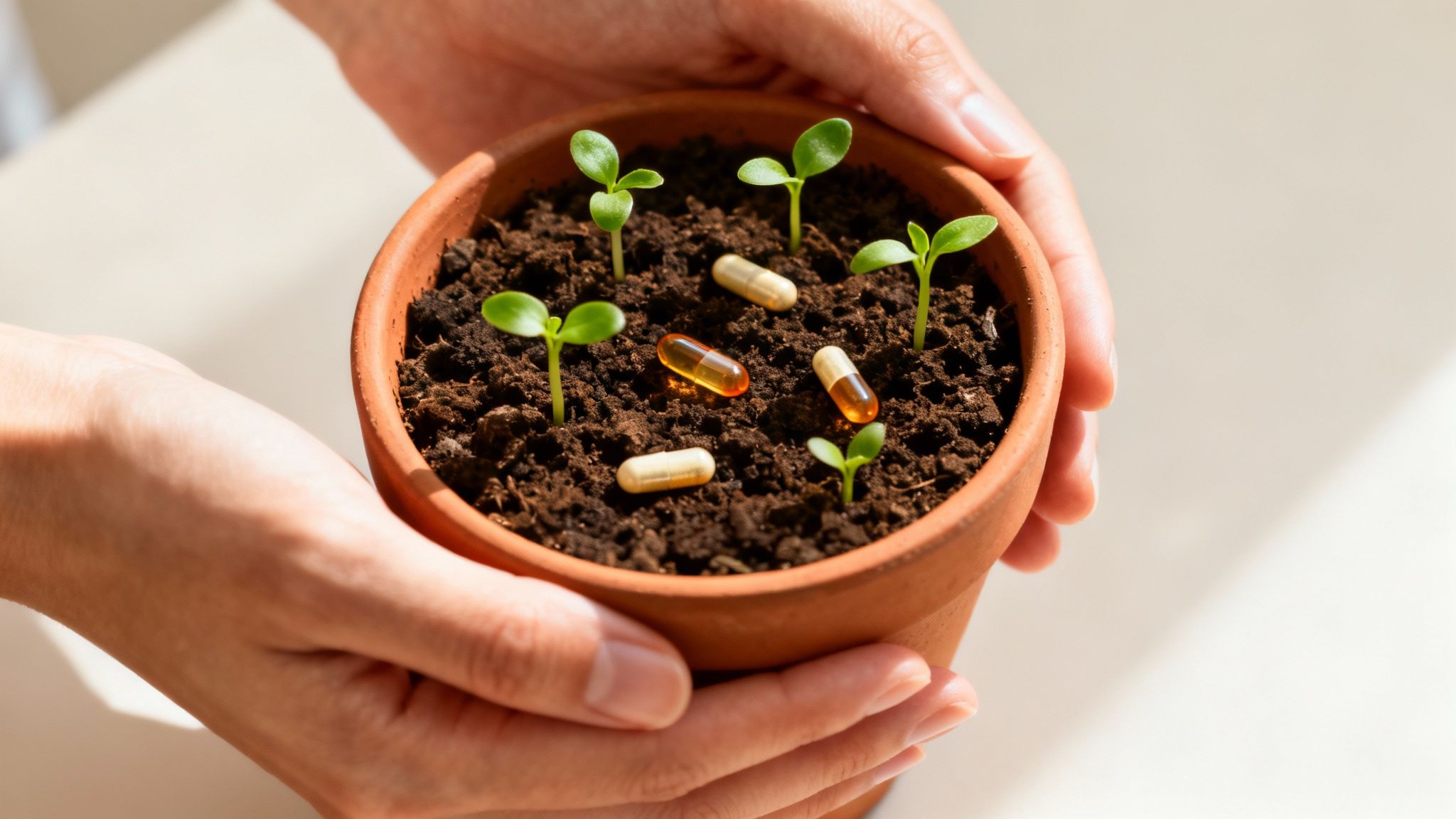 Hands hold a terracotta pot with young green sprouts growing in soil alongside vitamin capsules.
