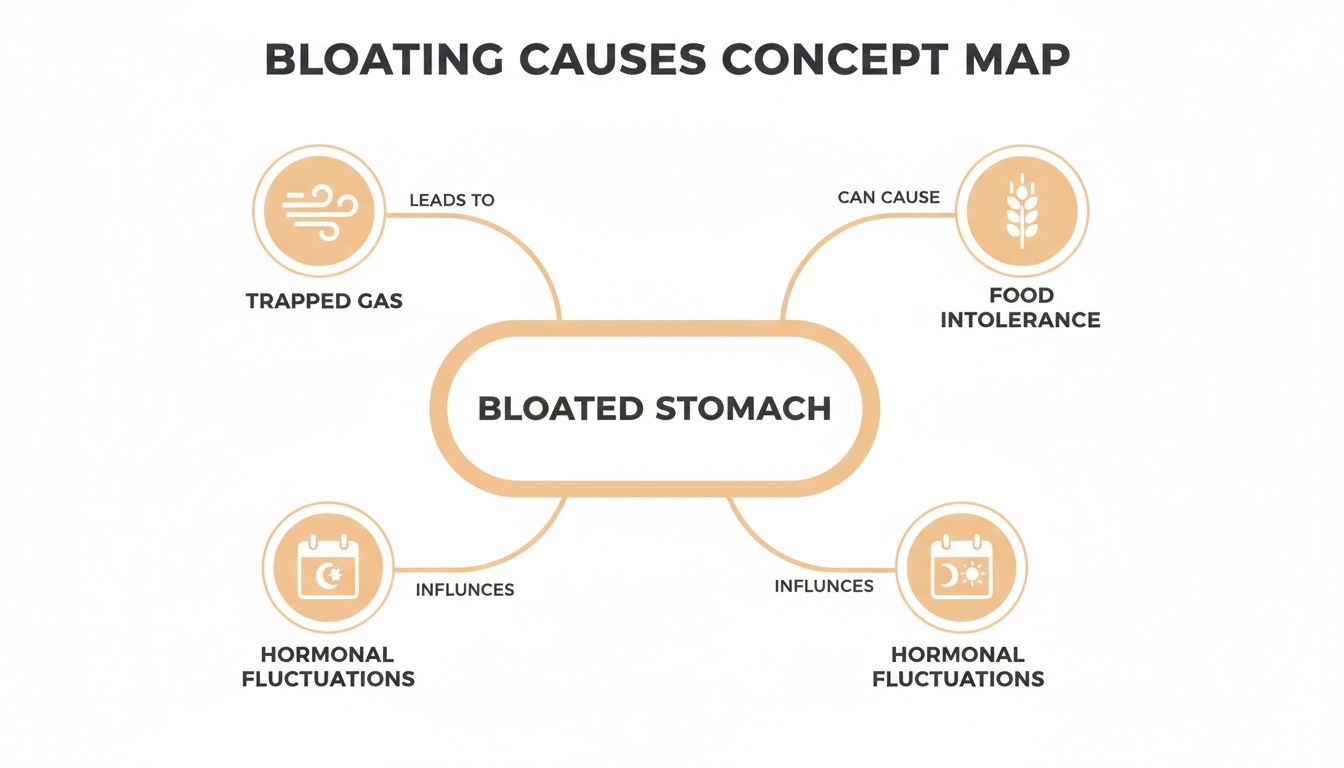 A concept map detailing the various causes of a bloated stomach, including trapped gas, food intolerance, and hormonal fluctuations.