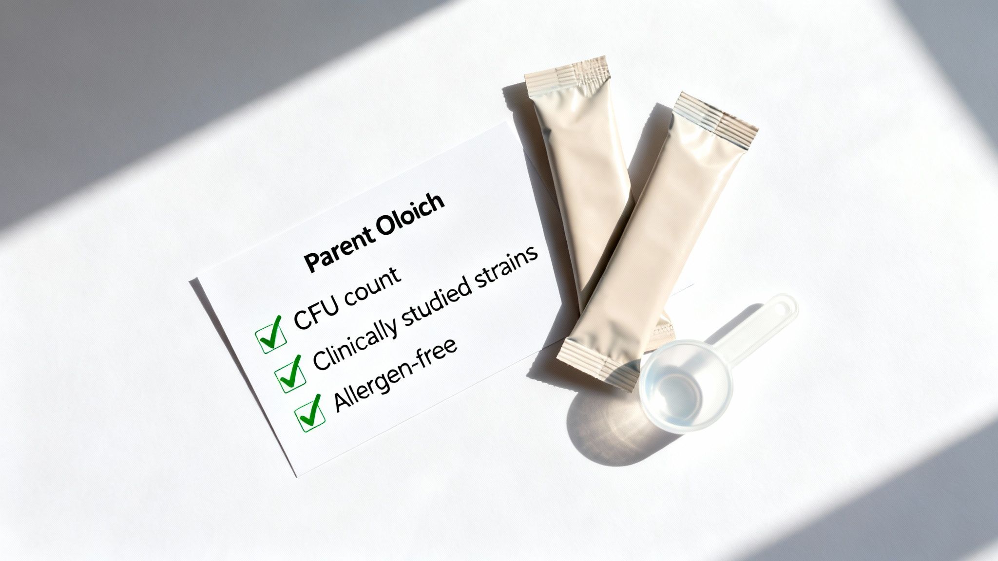 White card listing 'Parent Oloich' features like CFU count and allergen-free, with two powder sachets and a scoop.