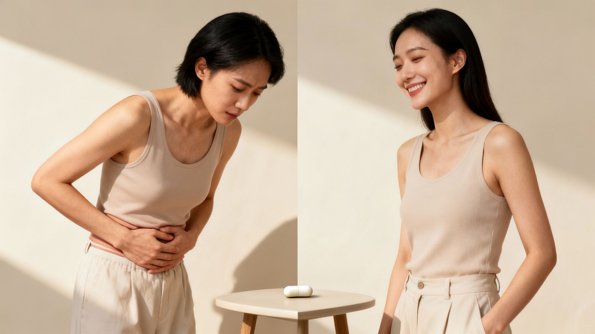 A woman relieved from stomach pain after taking a capsule, shown before and after.