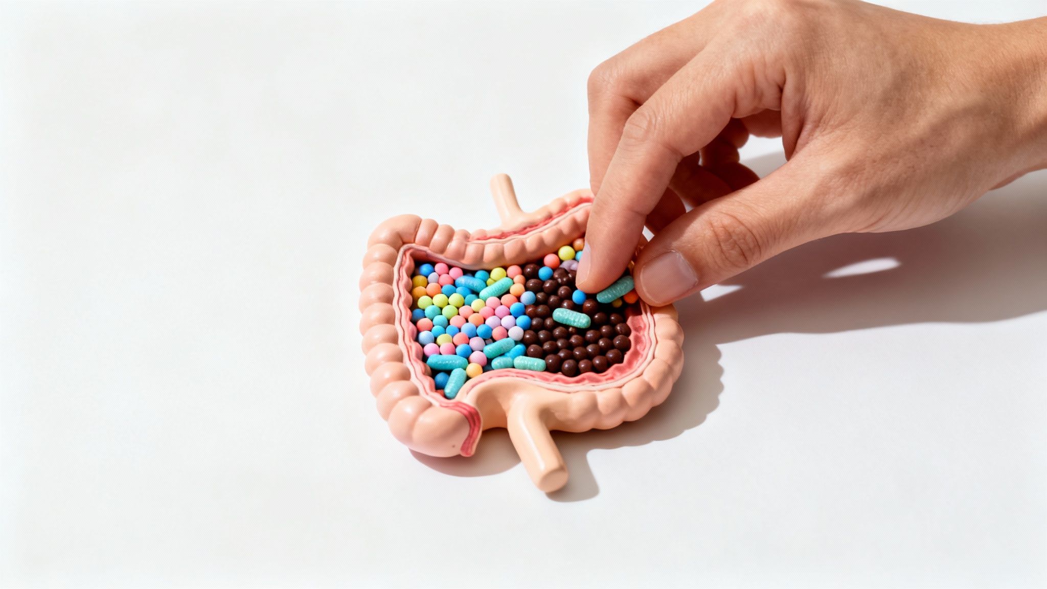 Illustration of a happy, balanced gut with good bacteria thriving.