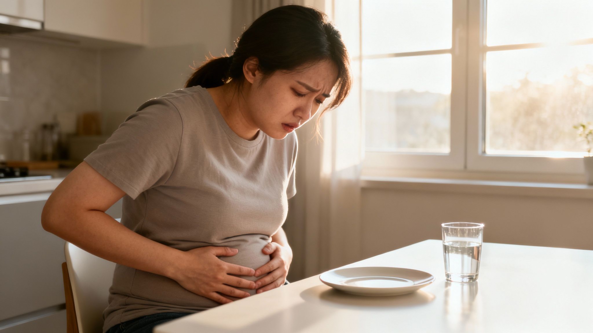 A young Asian woman clutching her stomach in discomfort, possibly from abdominal pain or bloating.