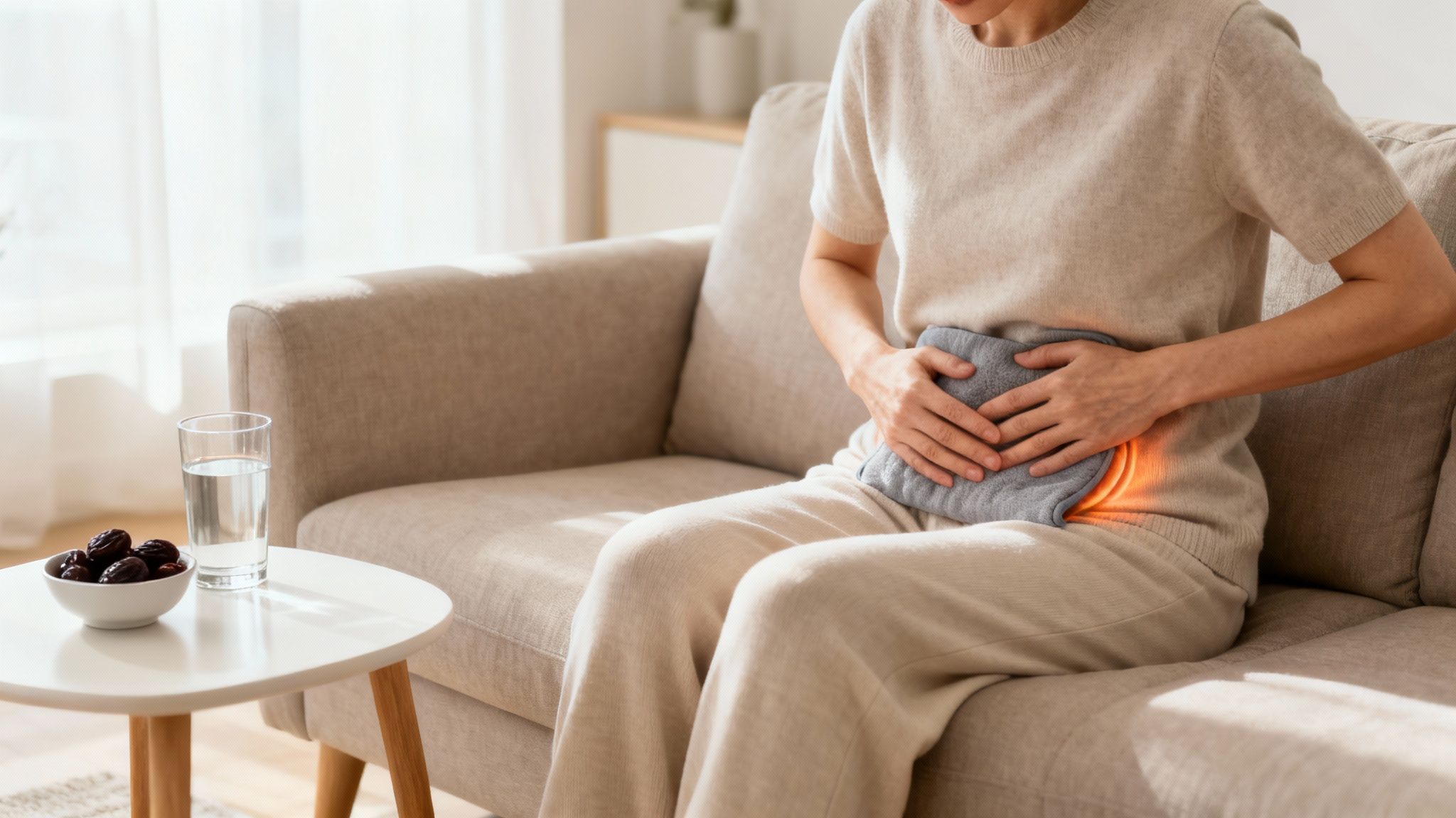 Woman sitting on a couch, applying a hot water bottle to her abdomen for pain relief.