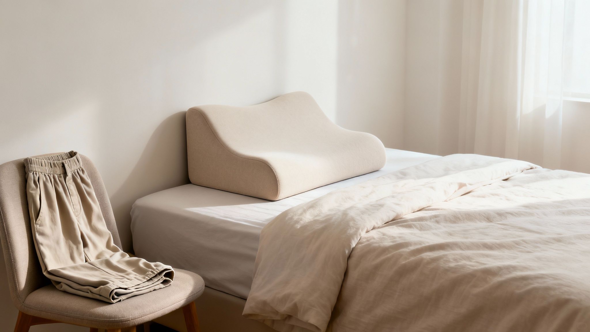 A minimalist bedroom featuring a beige wedge pillow on a bed and light trousers on a chair.