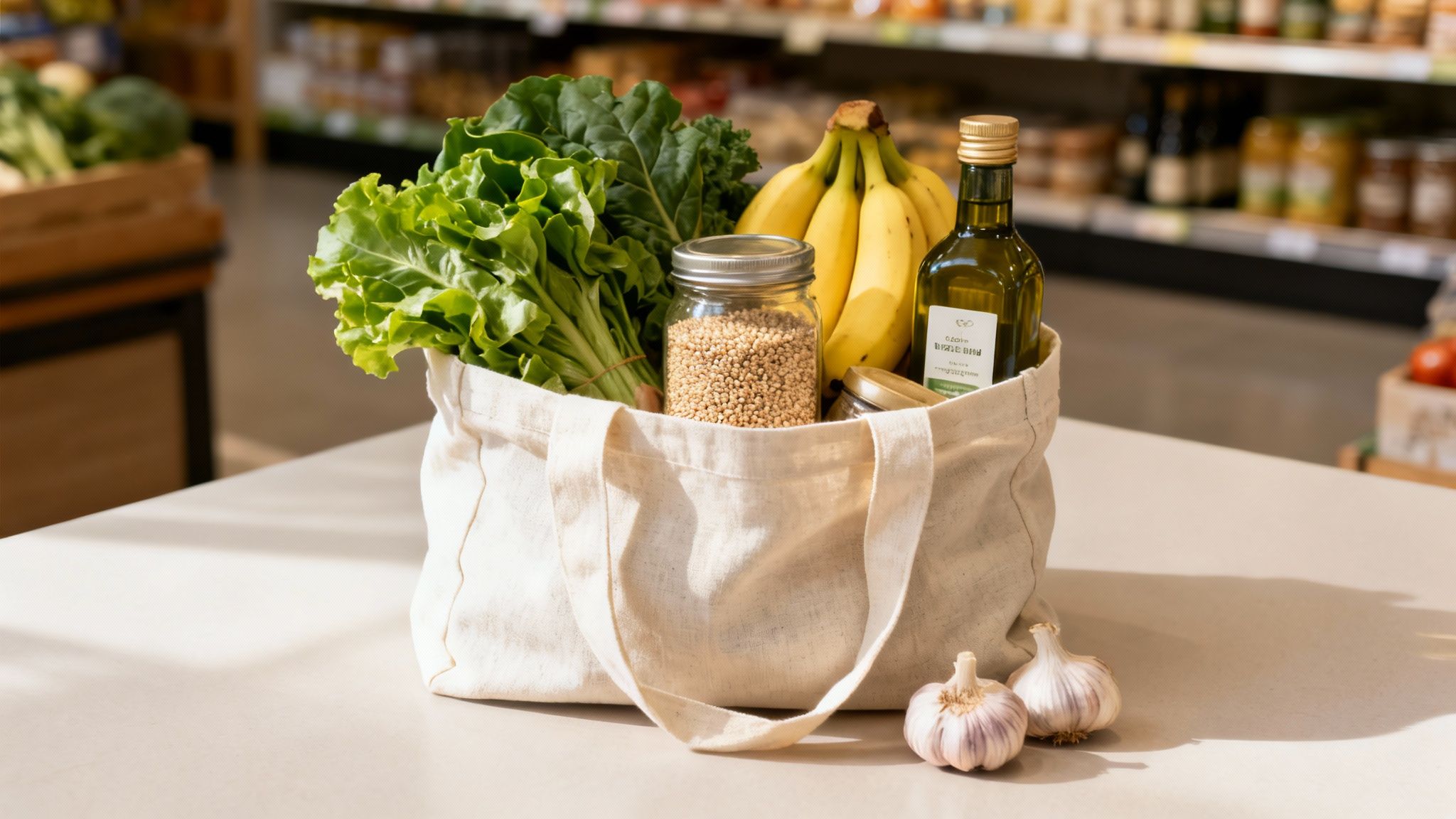 A reusable tote bag full of fresh greens, bananas, olive oil, and grains in a jar, with garlic on a counter in a grocery store.